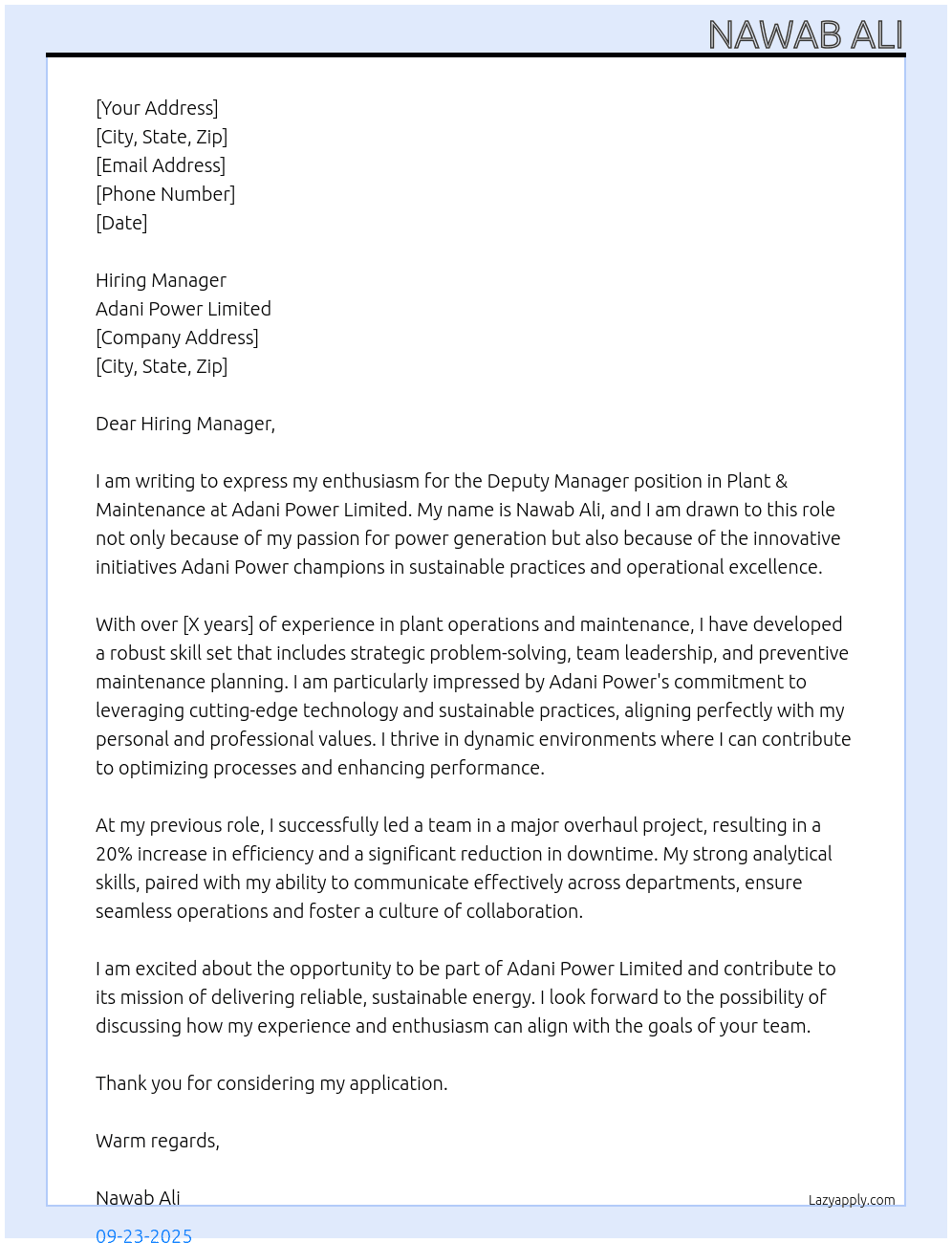 Plant & Maintenance  At Adani Power Limited  Cover Letter
