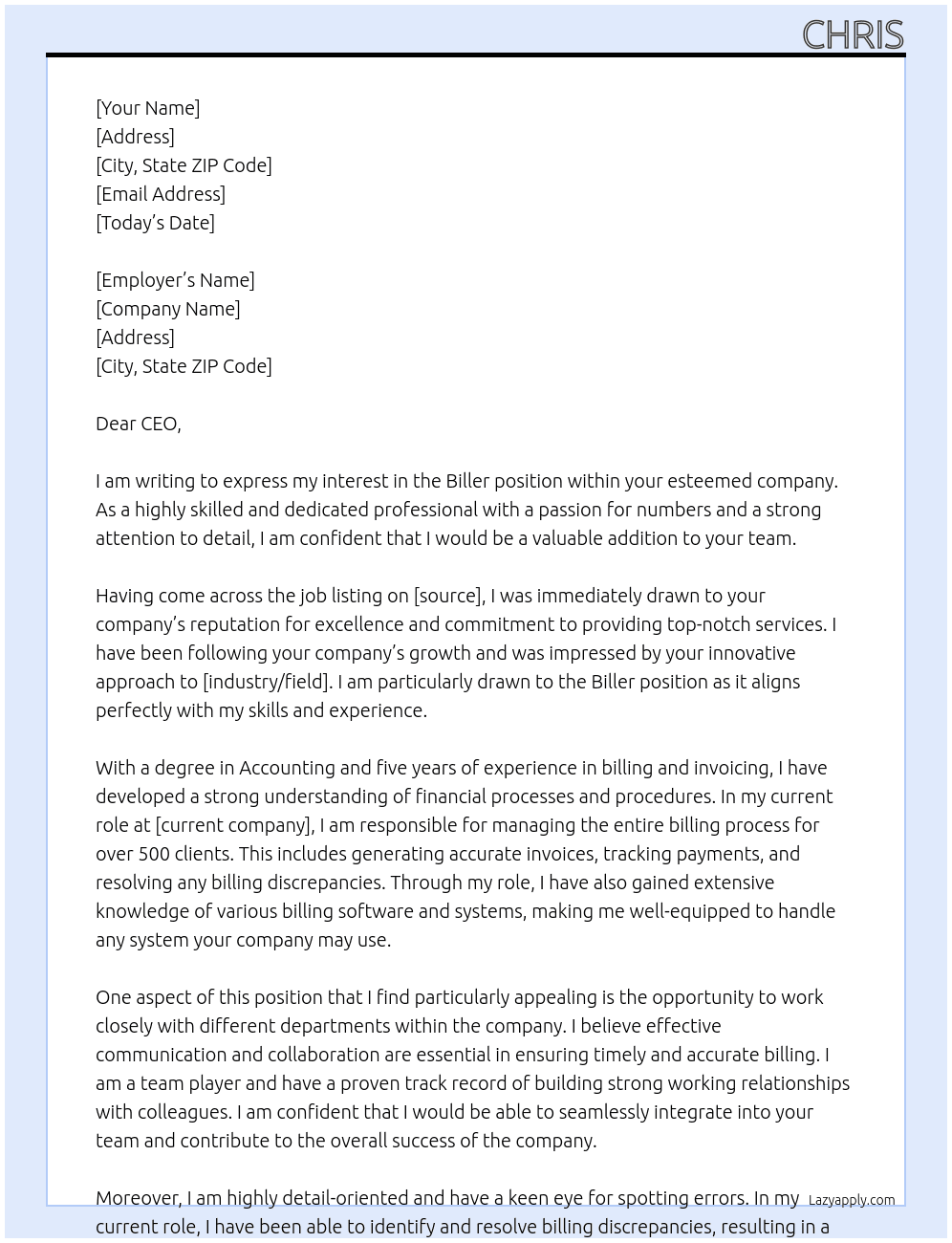 Cover letter for biller - LazyApply
