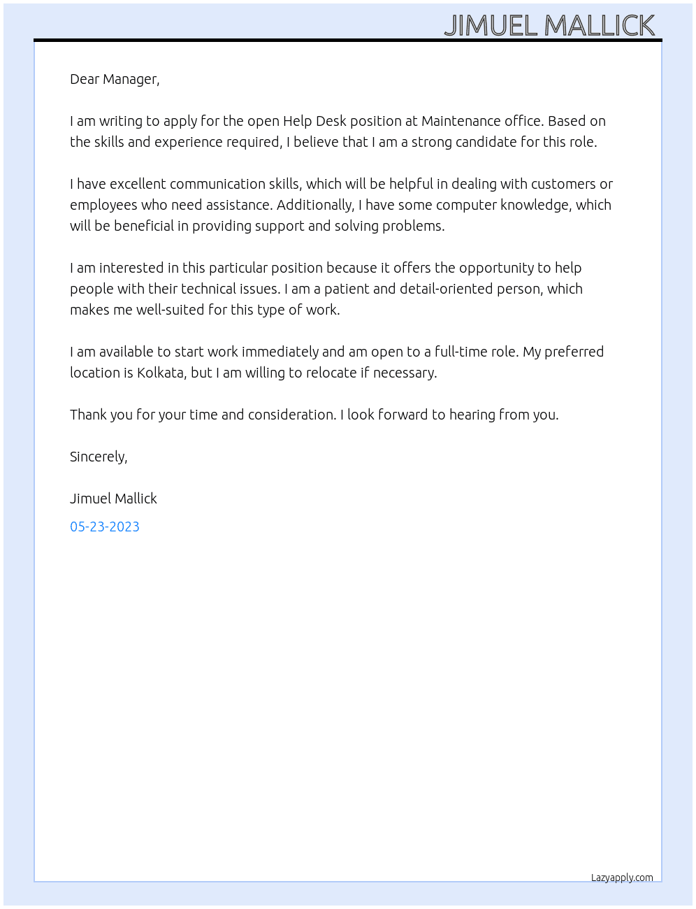 Help desk  At Maintenance office Cover Letter