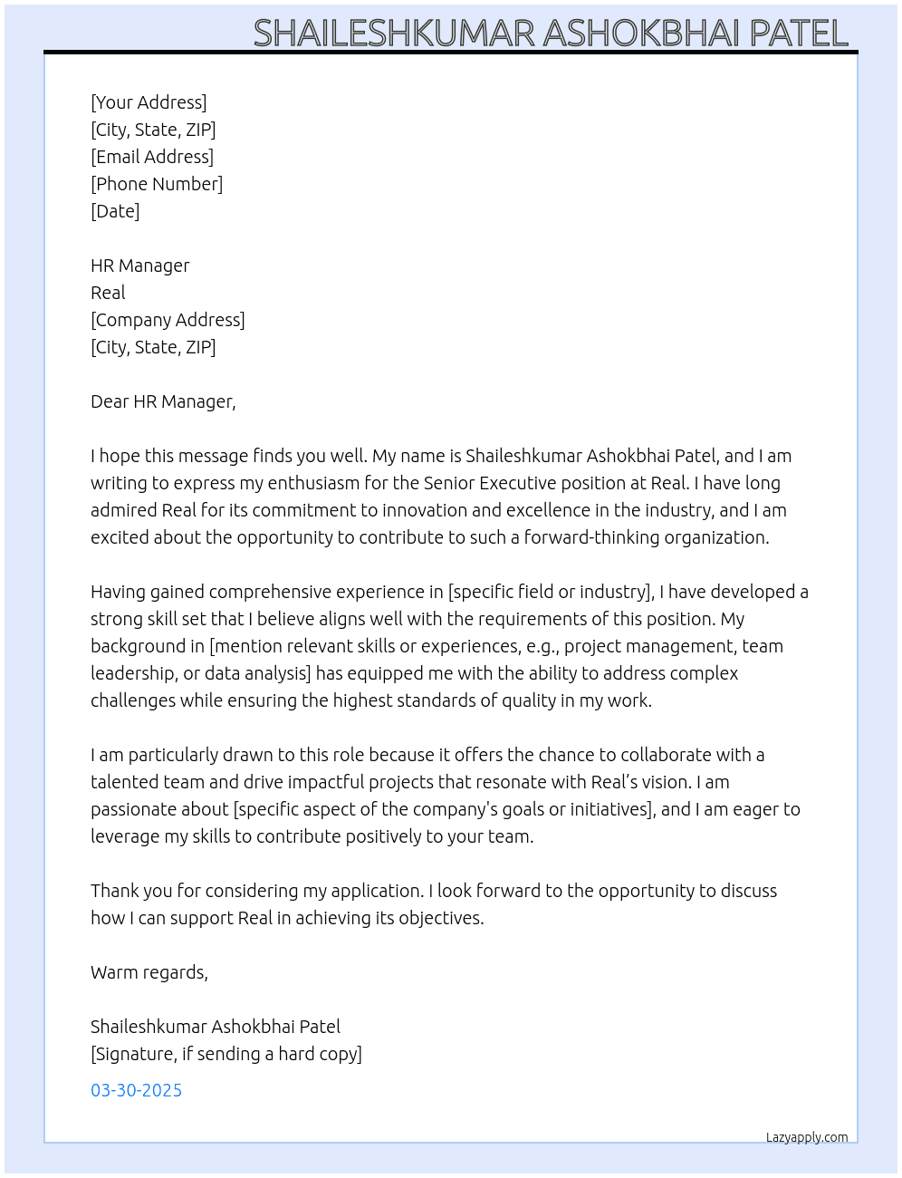 Senior Executive  At Real Cover Letter