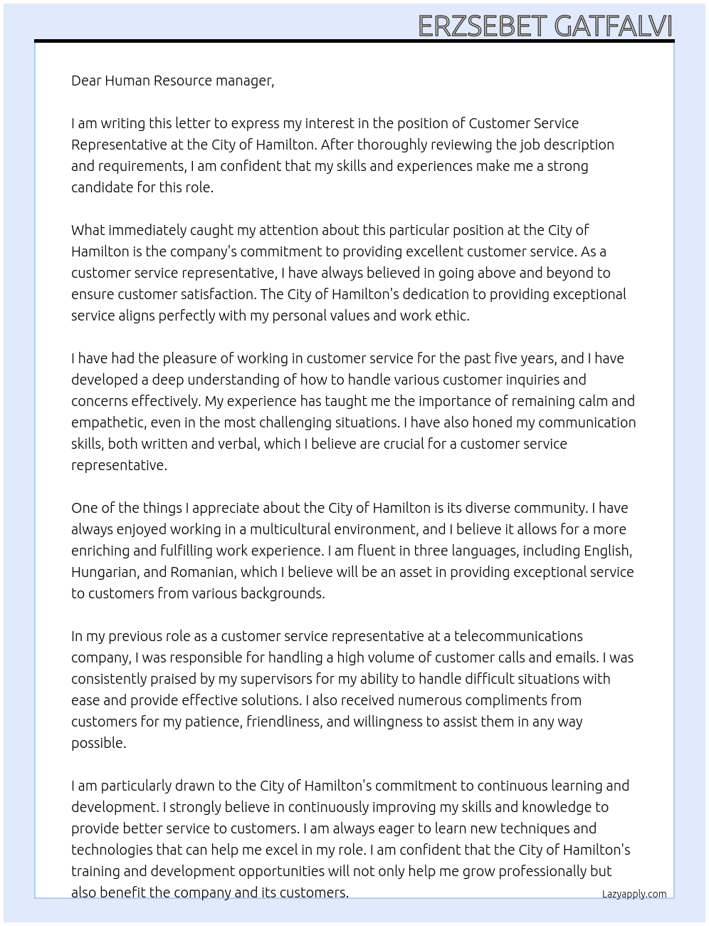 customer service representative At City of Hamilton Cover Letter