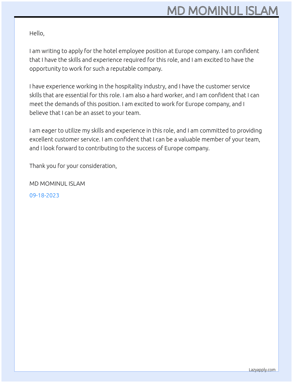 hotel employee At Europe company Cover Letter