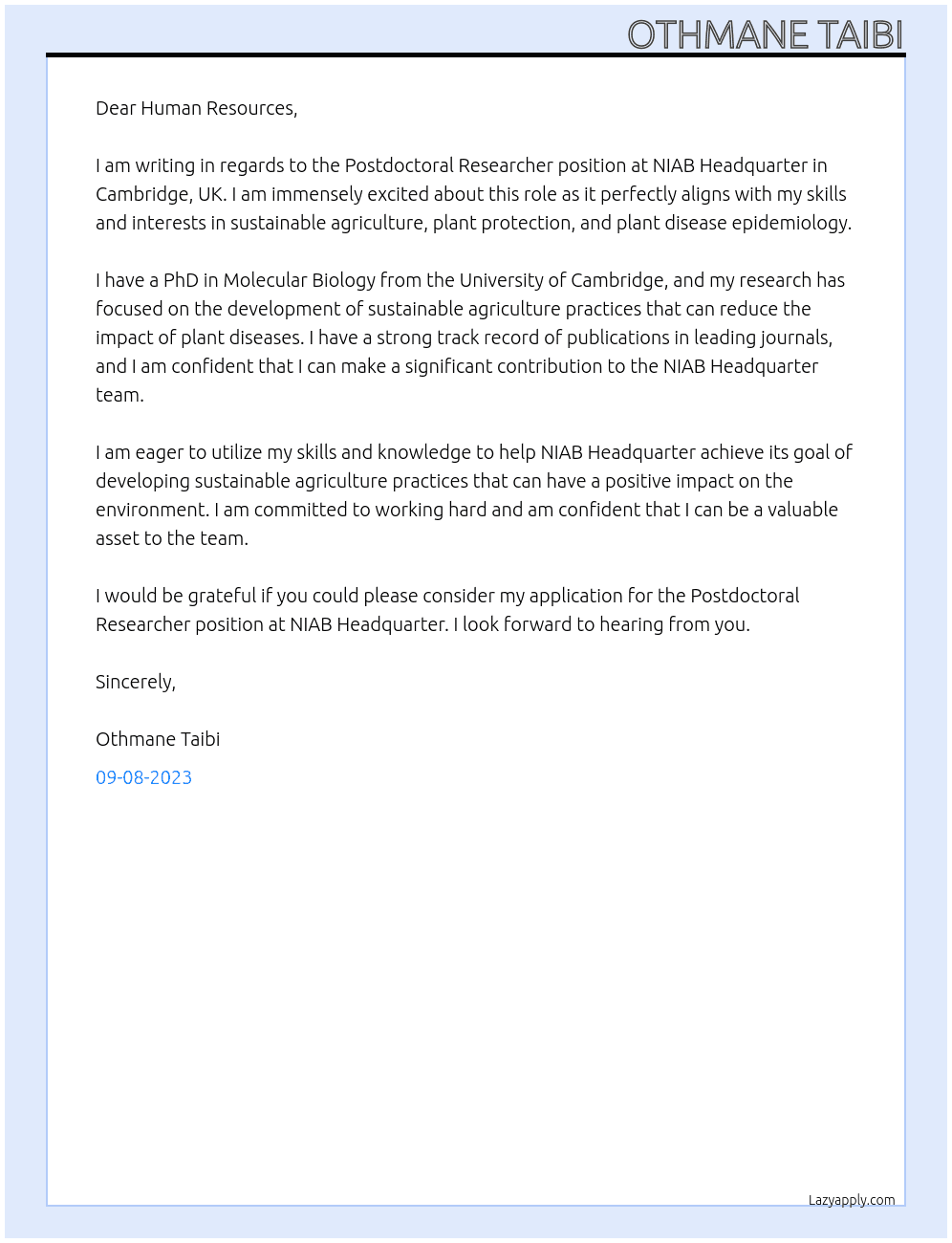 Postdoctoral Researcher  At NIAB Headquarter, Cambridge, UK Cover Letter