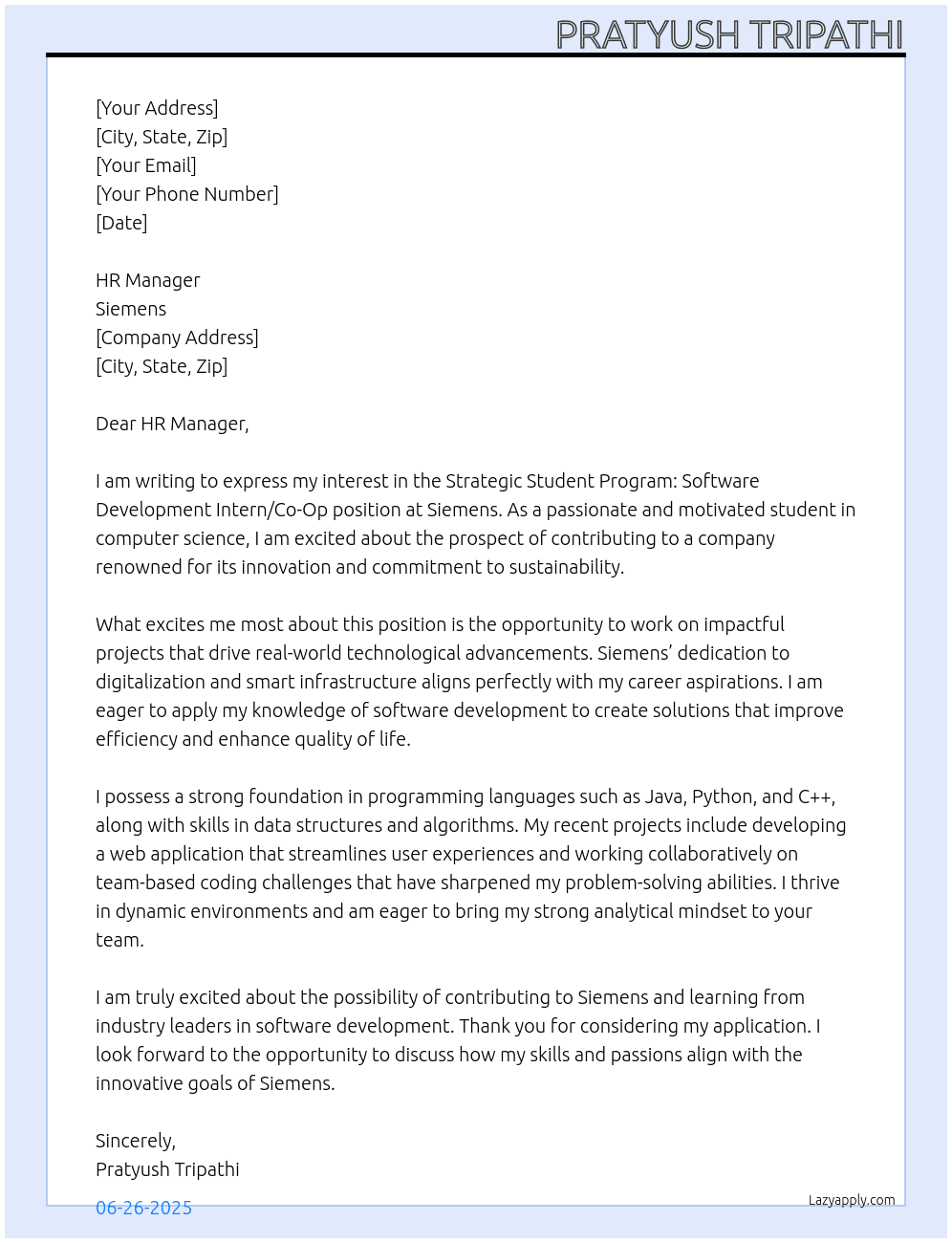 Cover letter for strategic student program: software development intern/co-op - LazyApply