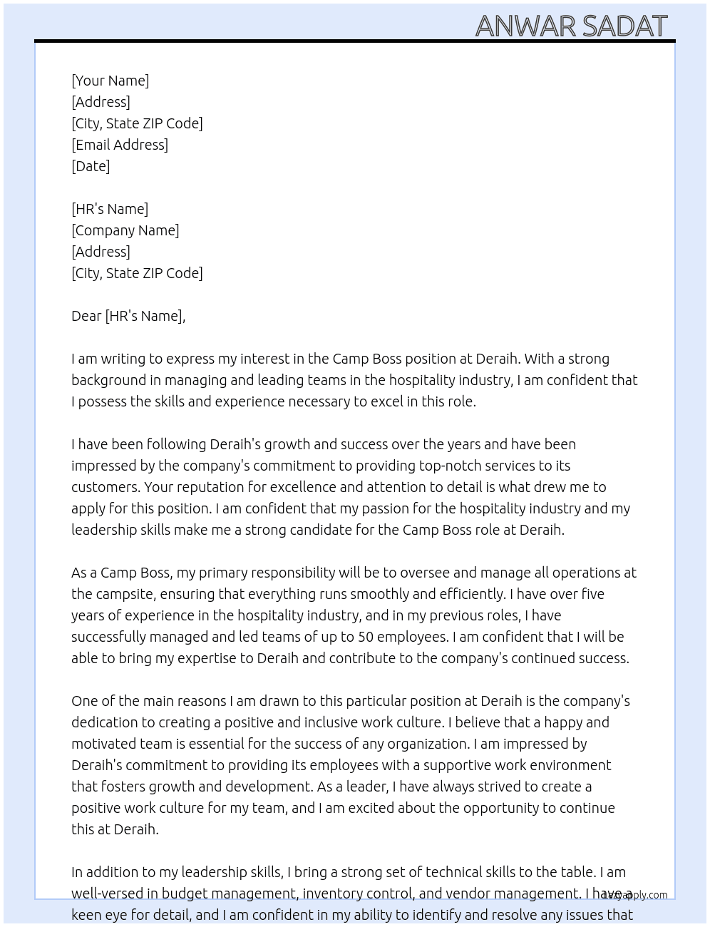 camp boss At deraih Cover Letter