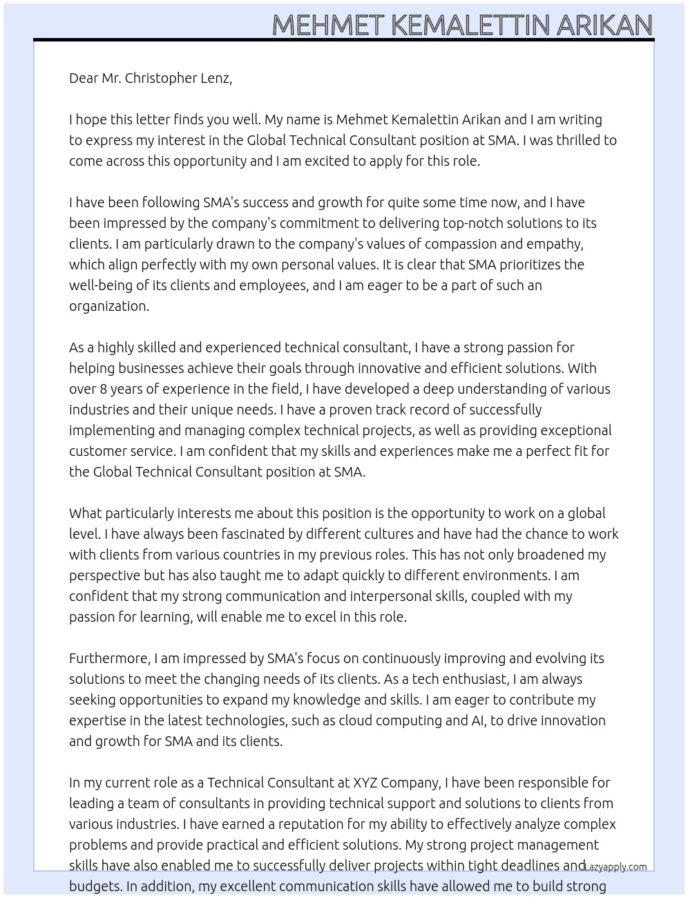 global technical consultant At SMA Cover Letter