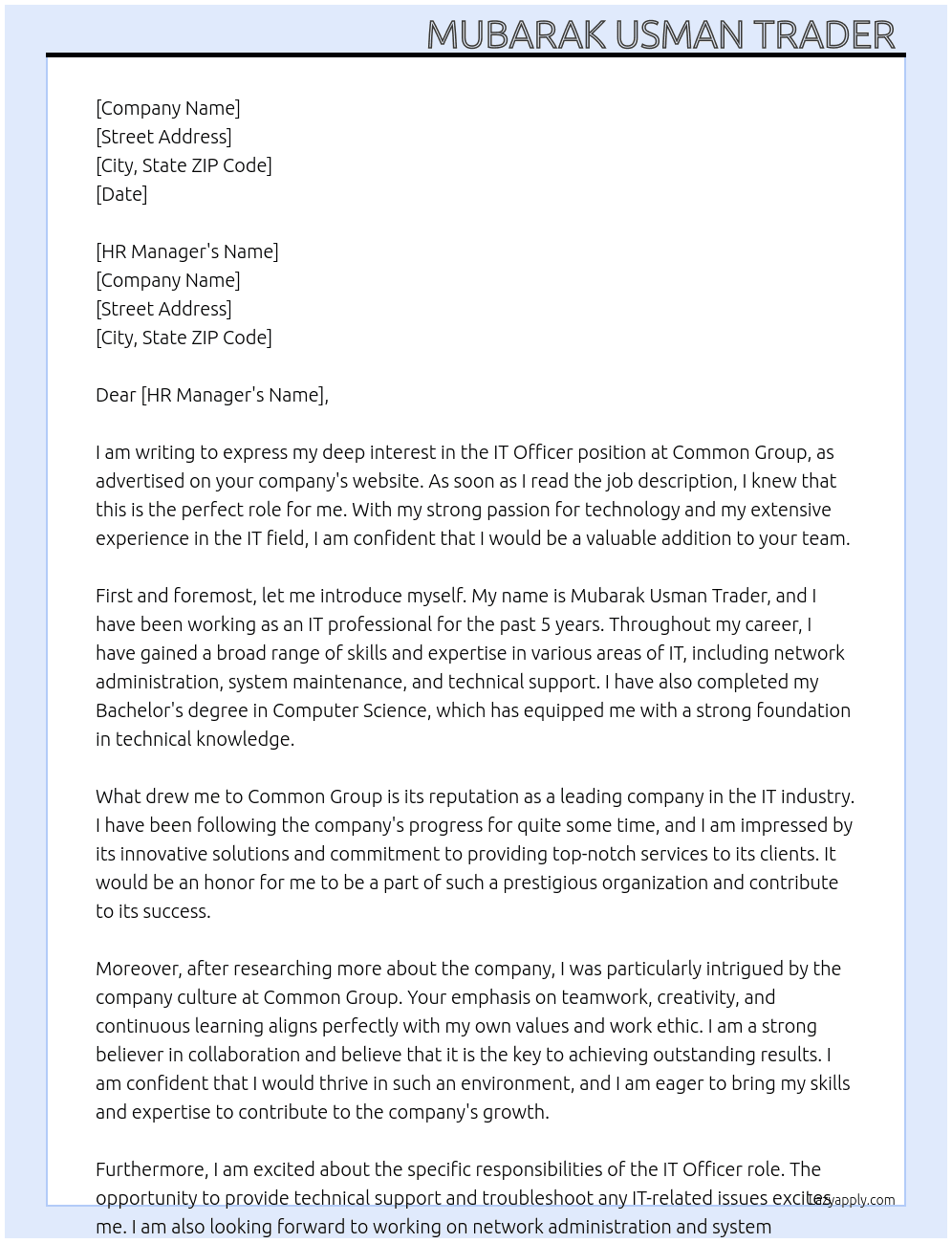 IT officer  At Common group Cover Letter