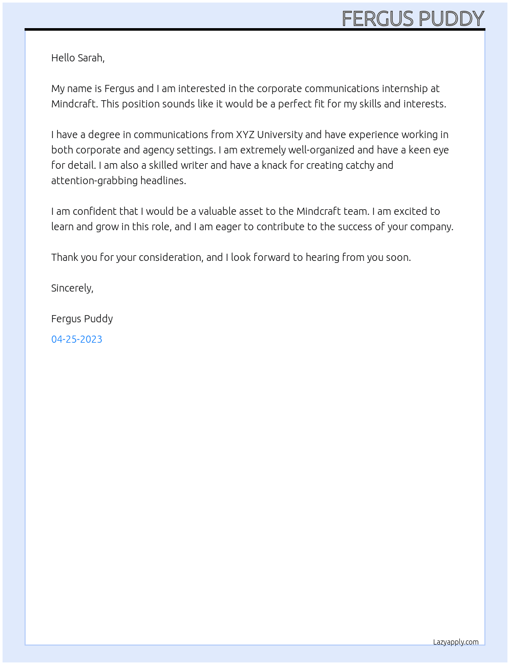  Corporate Communications intern At Mindcraft Cover Letter