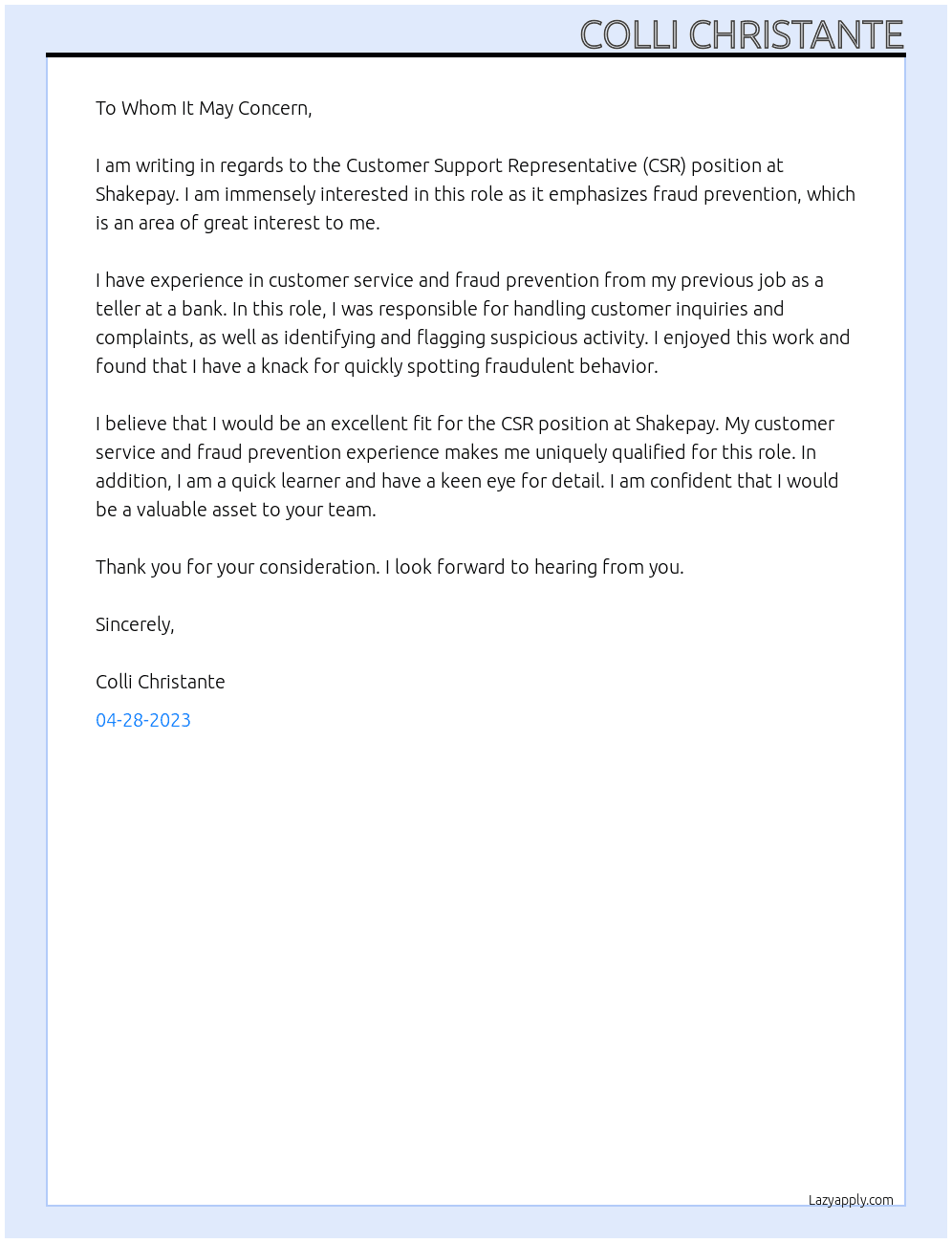 fraud-specialized Customer Support Representative (CSR), At Shakepay Cover Letter
