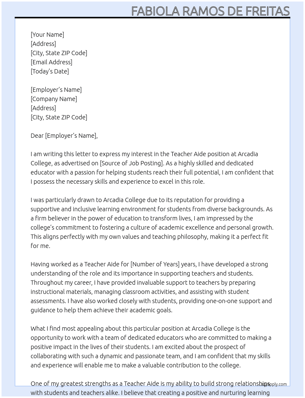 Teacher Aide  At Arcadia College  Cover Letter