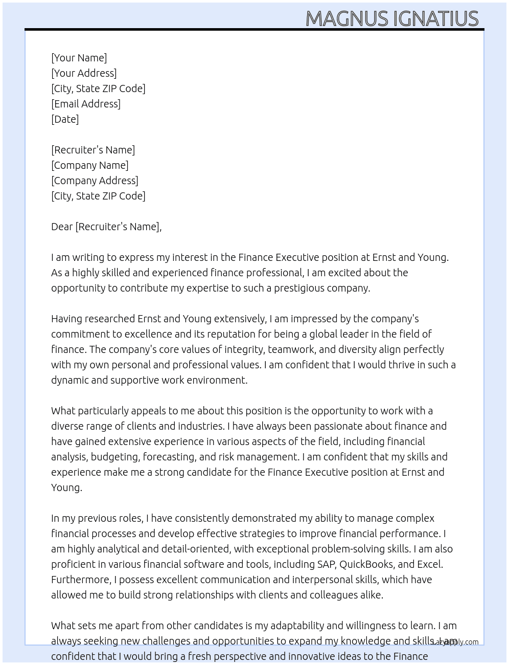 Finance Executive At Ernst and Young  Cover Letter