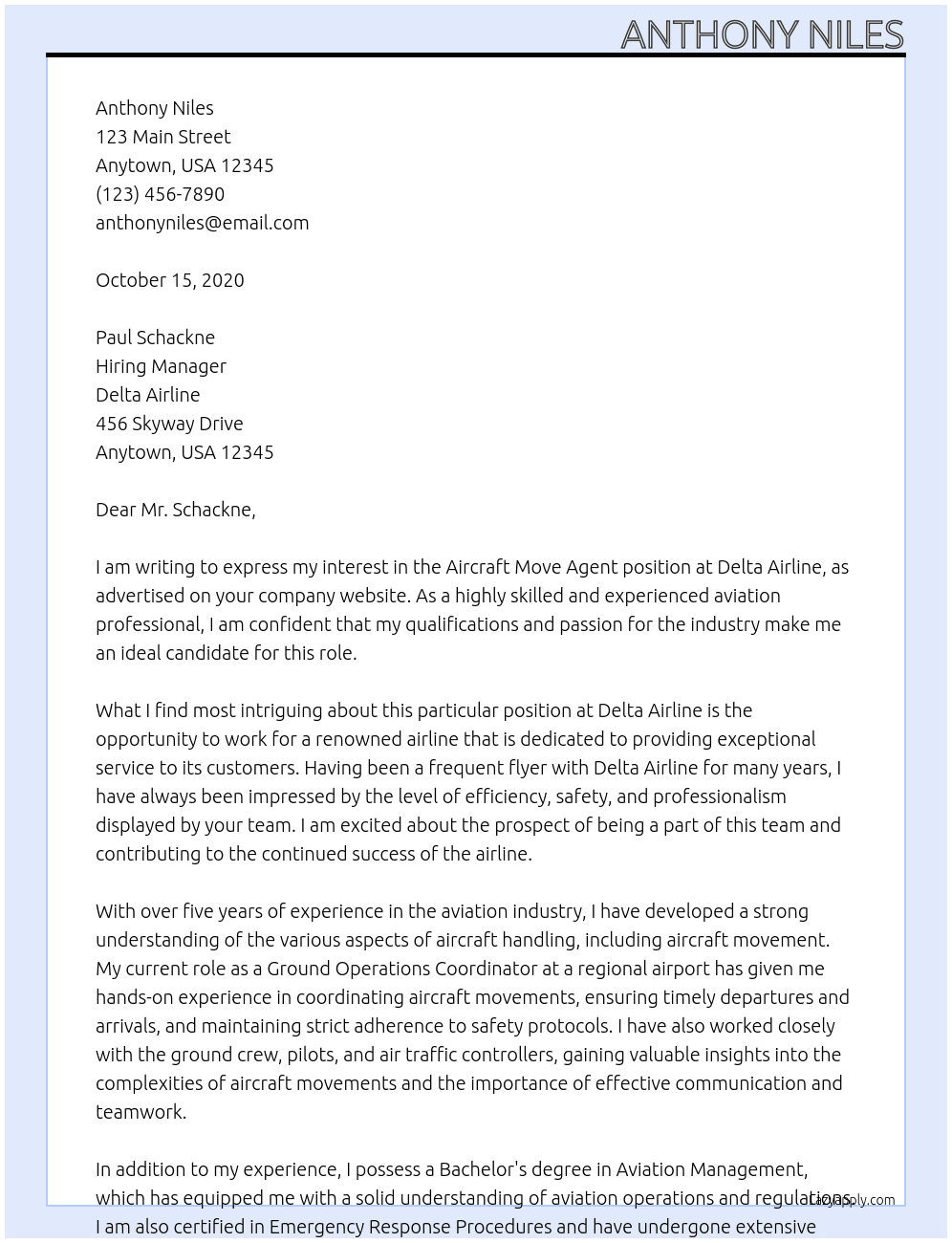 Aircraft Move Agent At Delta Airline Cover Letter
