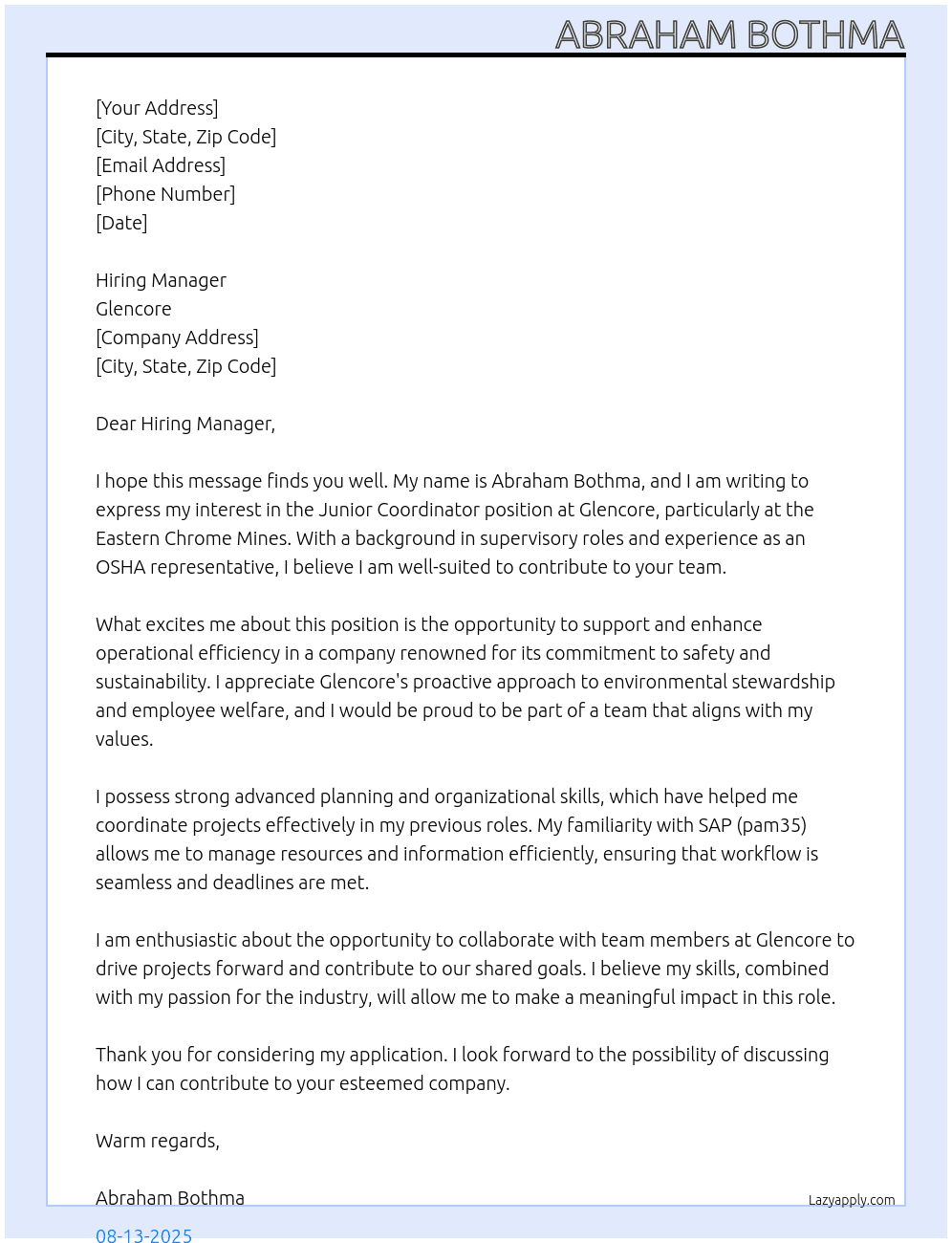 Cover letter for junior coordinator - LazyApply
