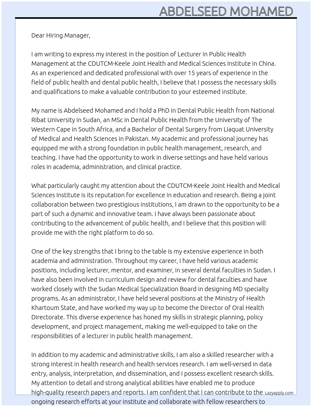 Lecturer in Public Health Management At CDUTCM-Keele Joint Health and Medical Sciences Institute in China Cover Letter