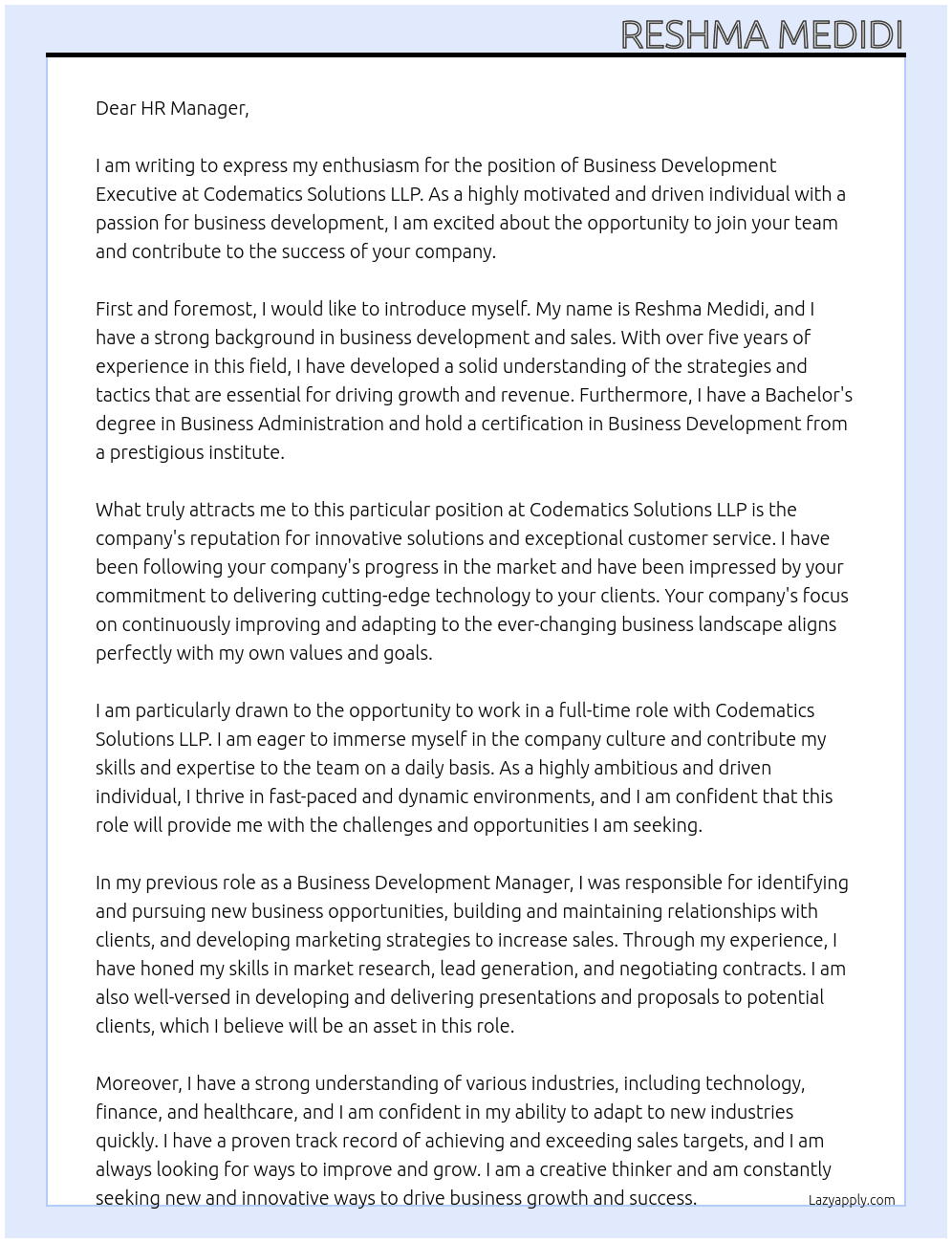 Business Development Executive  At Codematics Solutions LLP Cover Letter