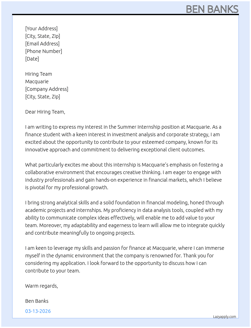 Cover letter for summer internship - LazyApply
