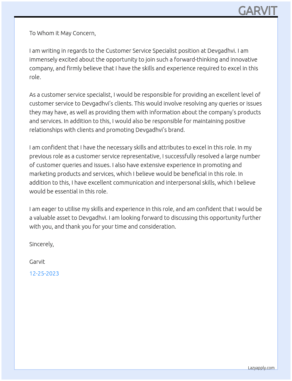 customer service specialist At devgadhvi Cover Letter