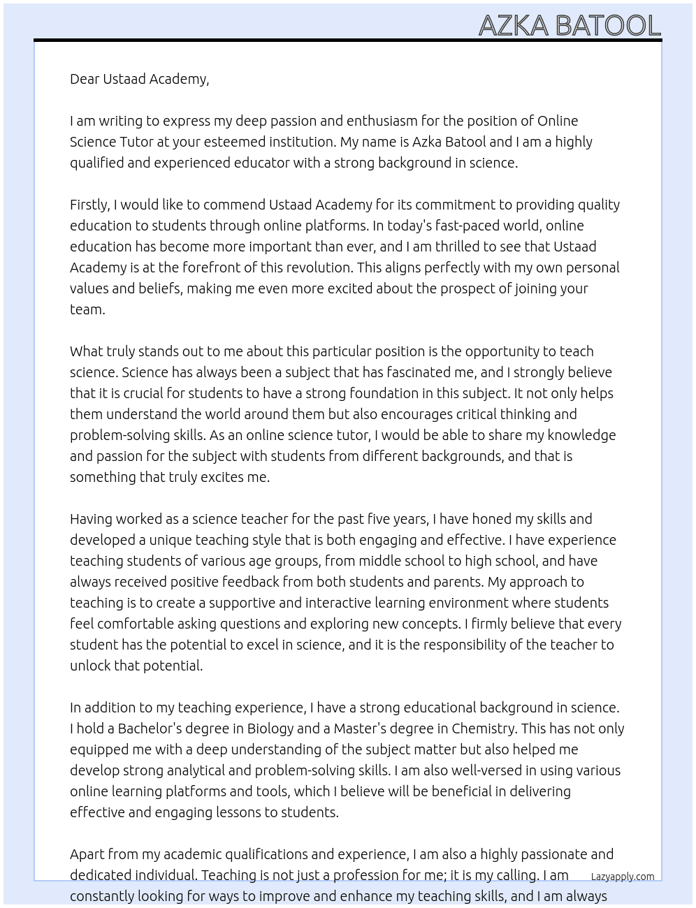 Online tutor for science At Ustaad Academy Cover Letter