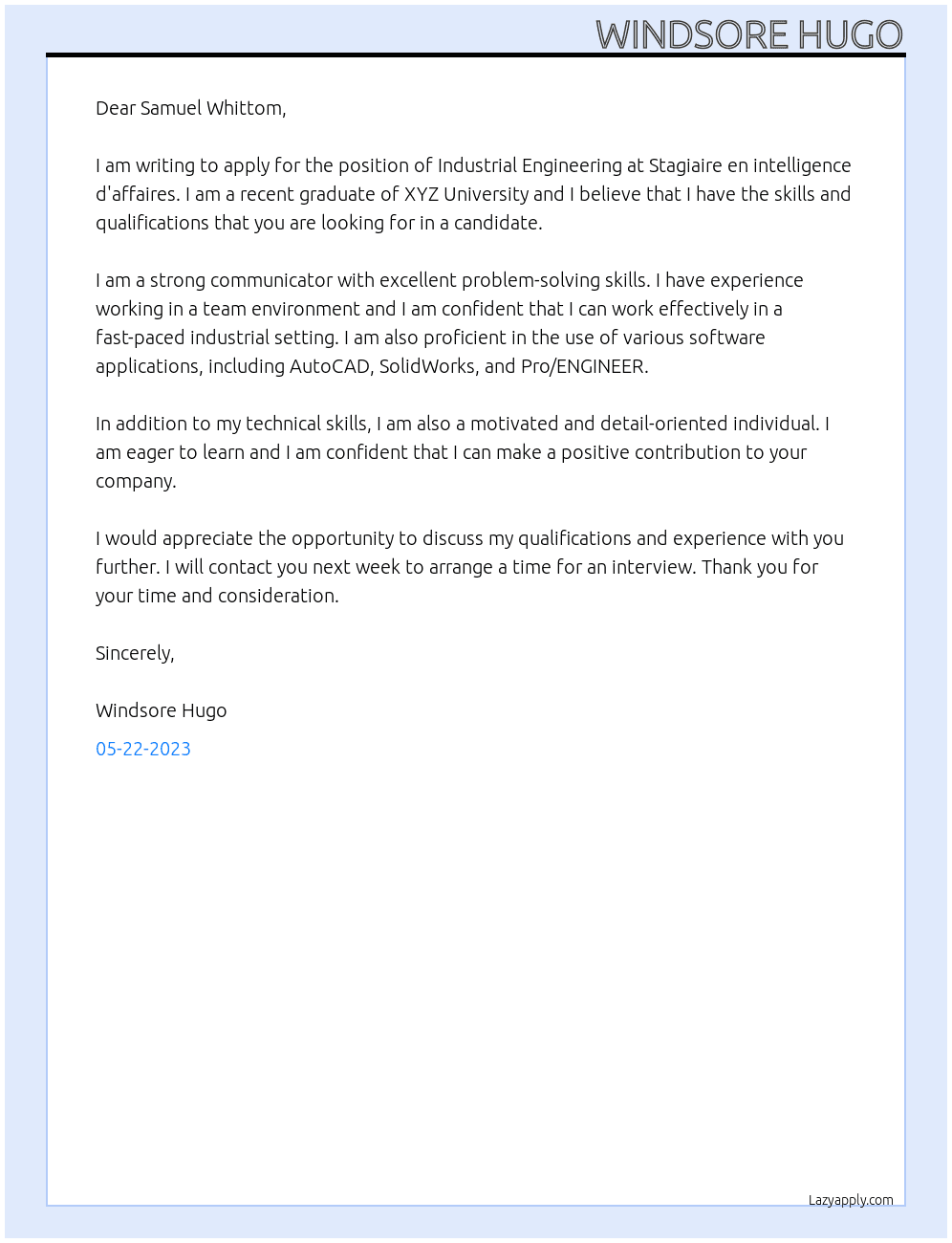 Industrial Engineering  At Stagiaire en intelligence d'affaires Cover Letter