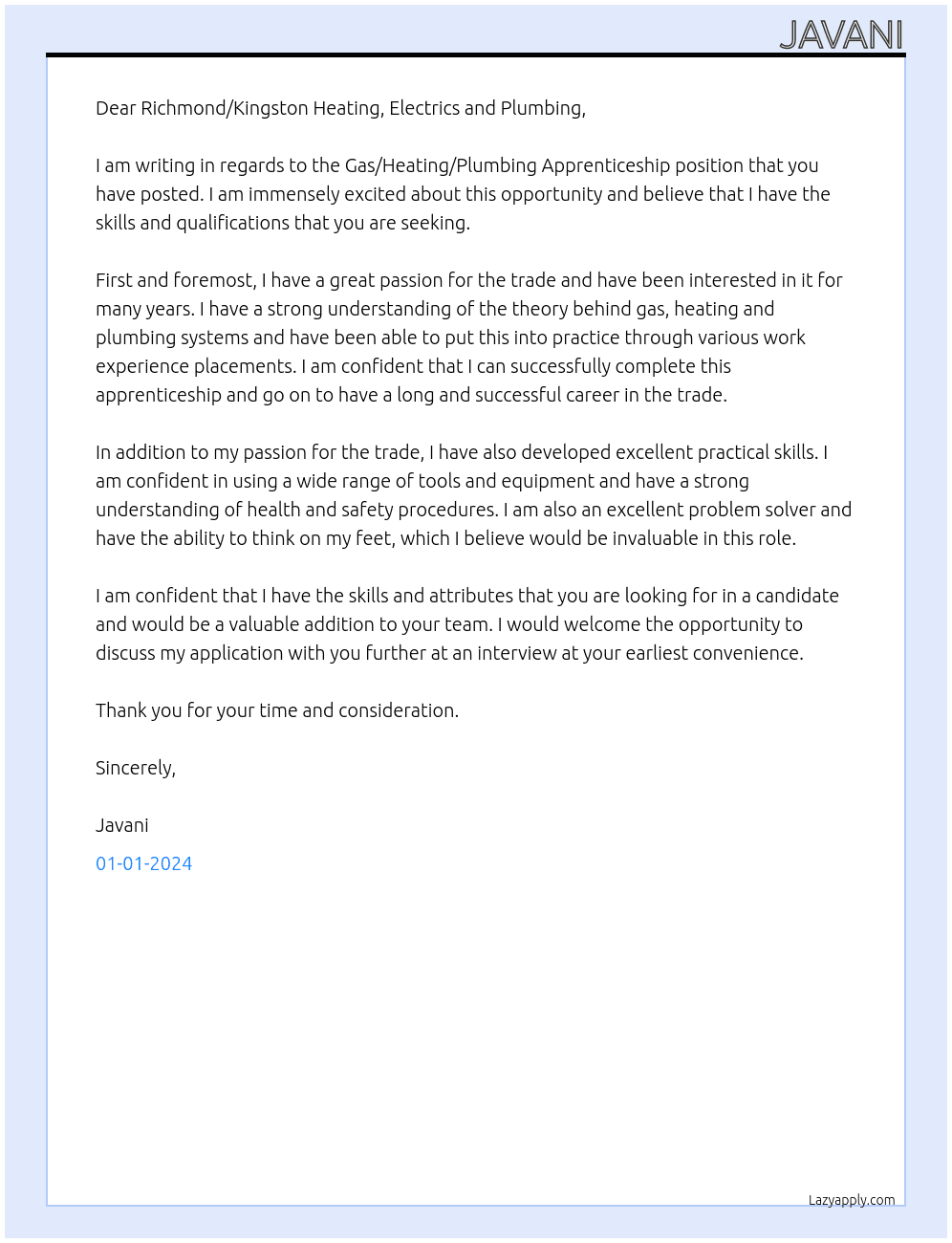 Gas/Heating/Plumbing Apprenticeship At Richmond/Kingston Heating, Electrics and Plumbing Cover Letter