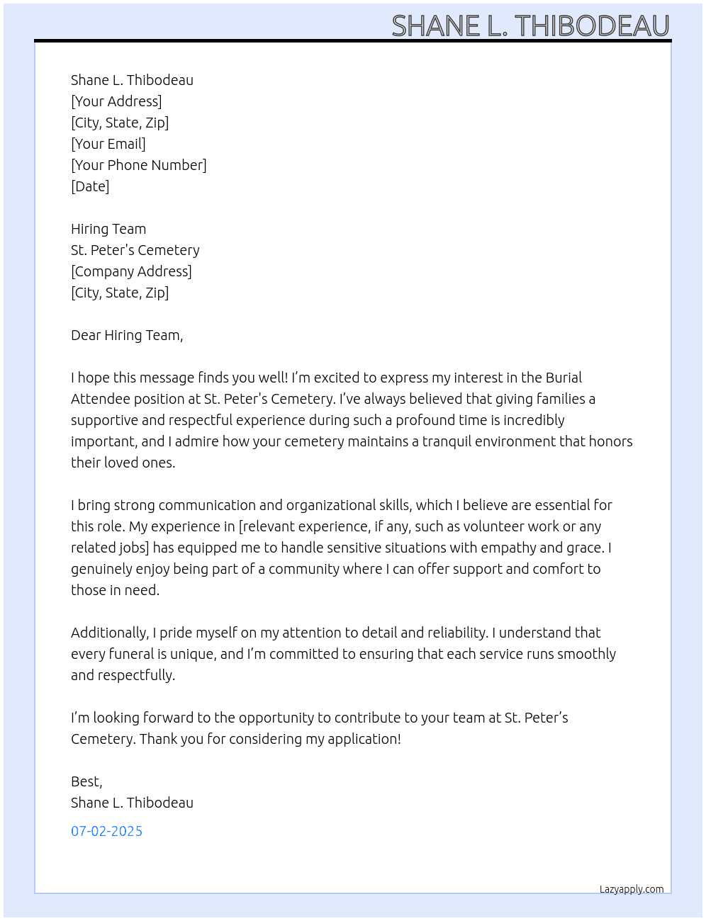 Burial Attendee At St. Peter's Cemetery Cover Letter