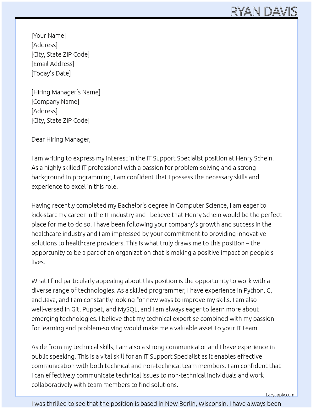 IT Support Specialist At Henry Schein Cover Letter