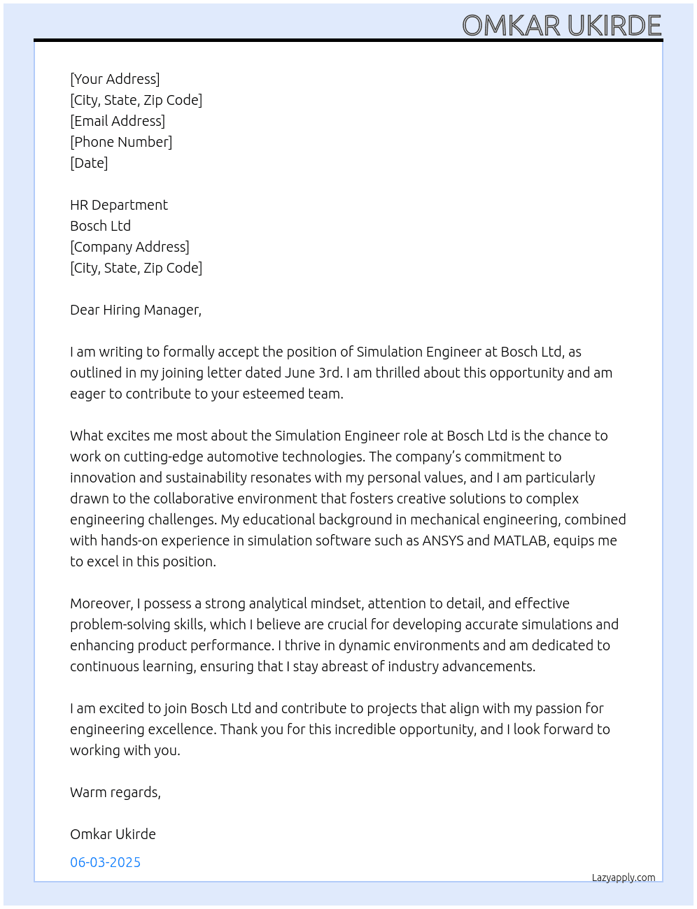 Simulation Engineer At Bosch Ltd Cover Letter