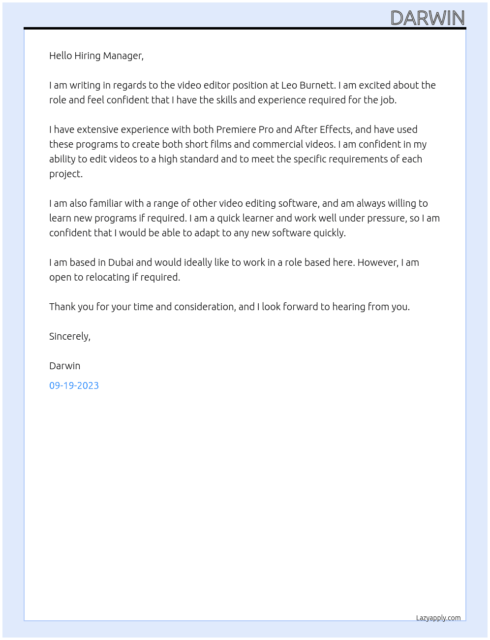 Video editor At Leo Burnett Cover Letter