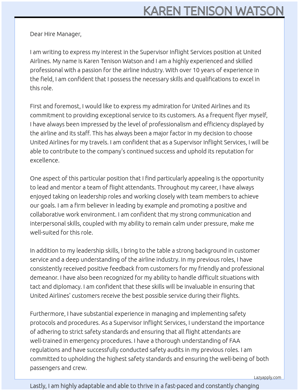 Suppervisor Inflight services At United Airlines Cover Letter