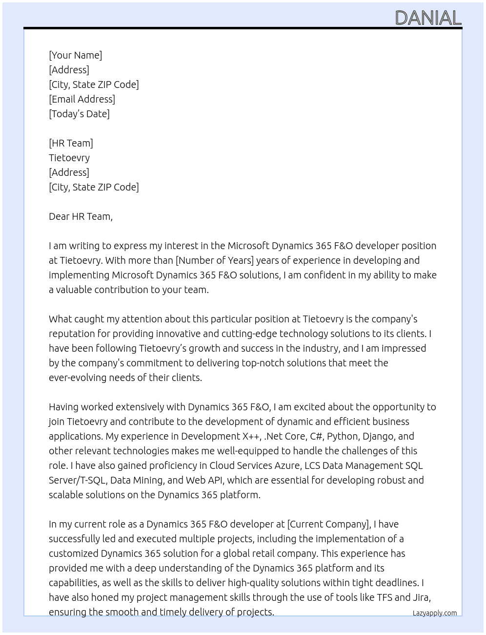 Microsoft Dynamics 365 F&O developer At  Tietoevry  Cover Letter