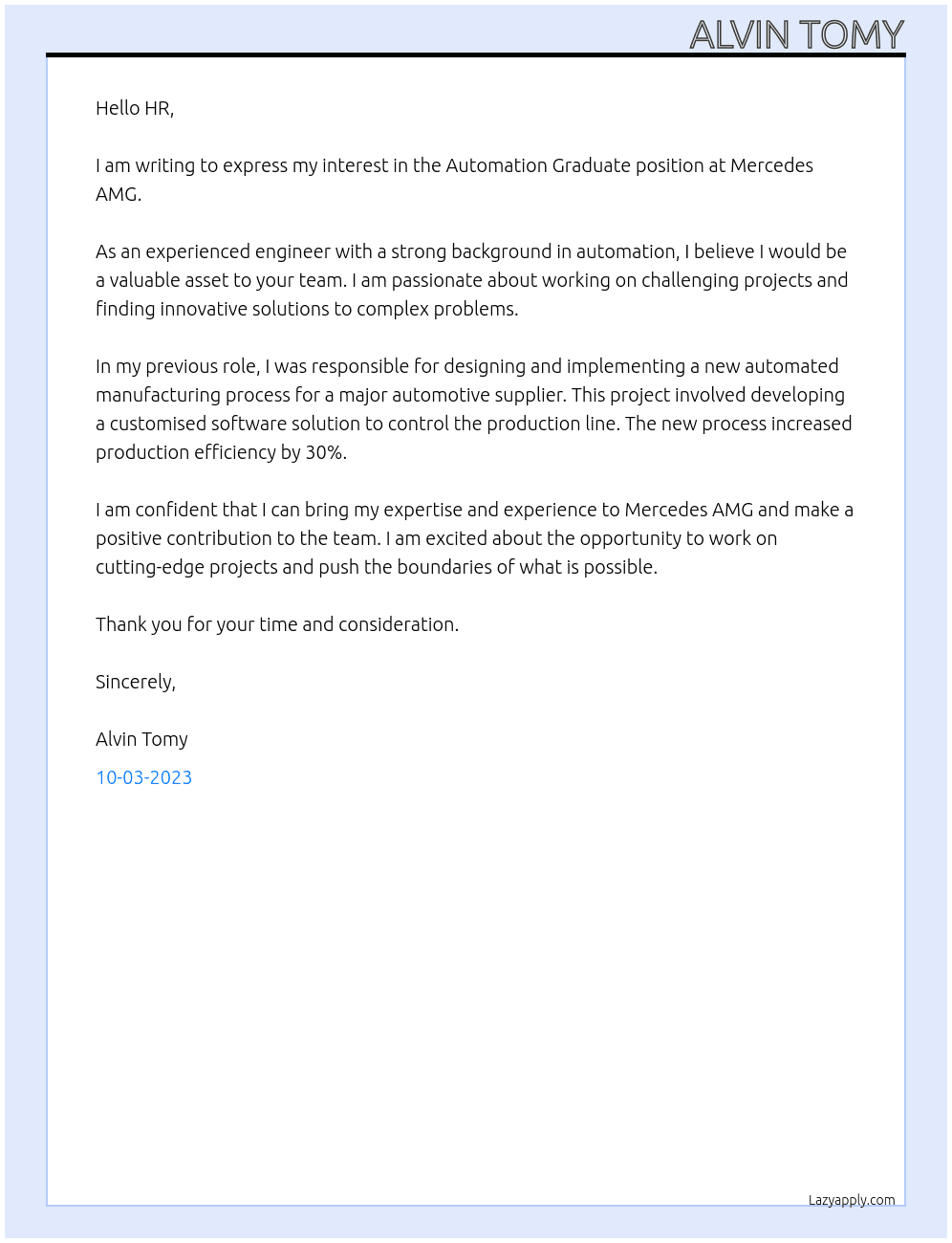 Automation Graduate At Mercedes AMG Cover Letter