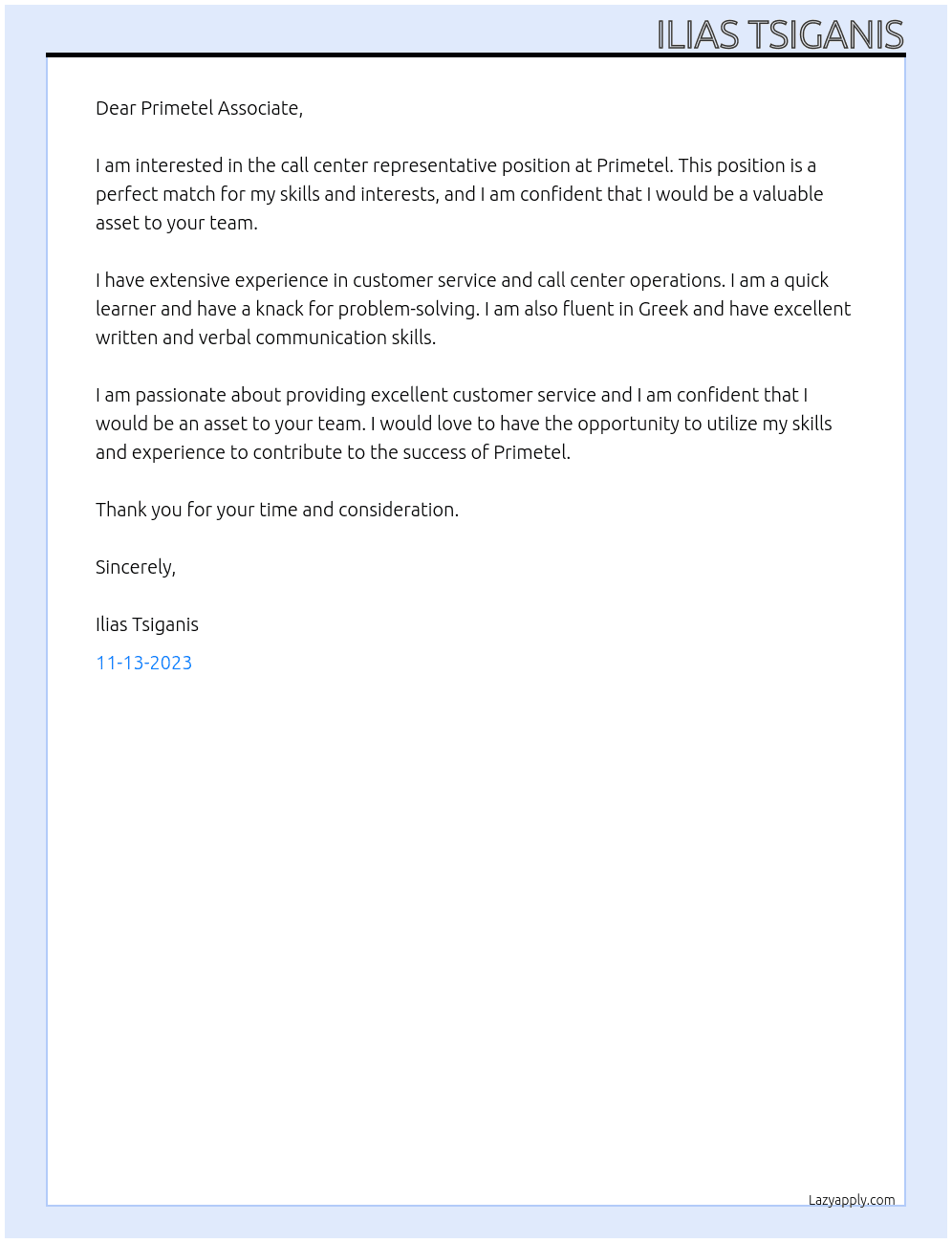 Call Center Representative At Primetel Cover Letter
