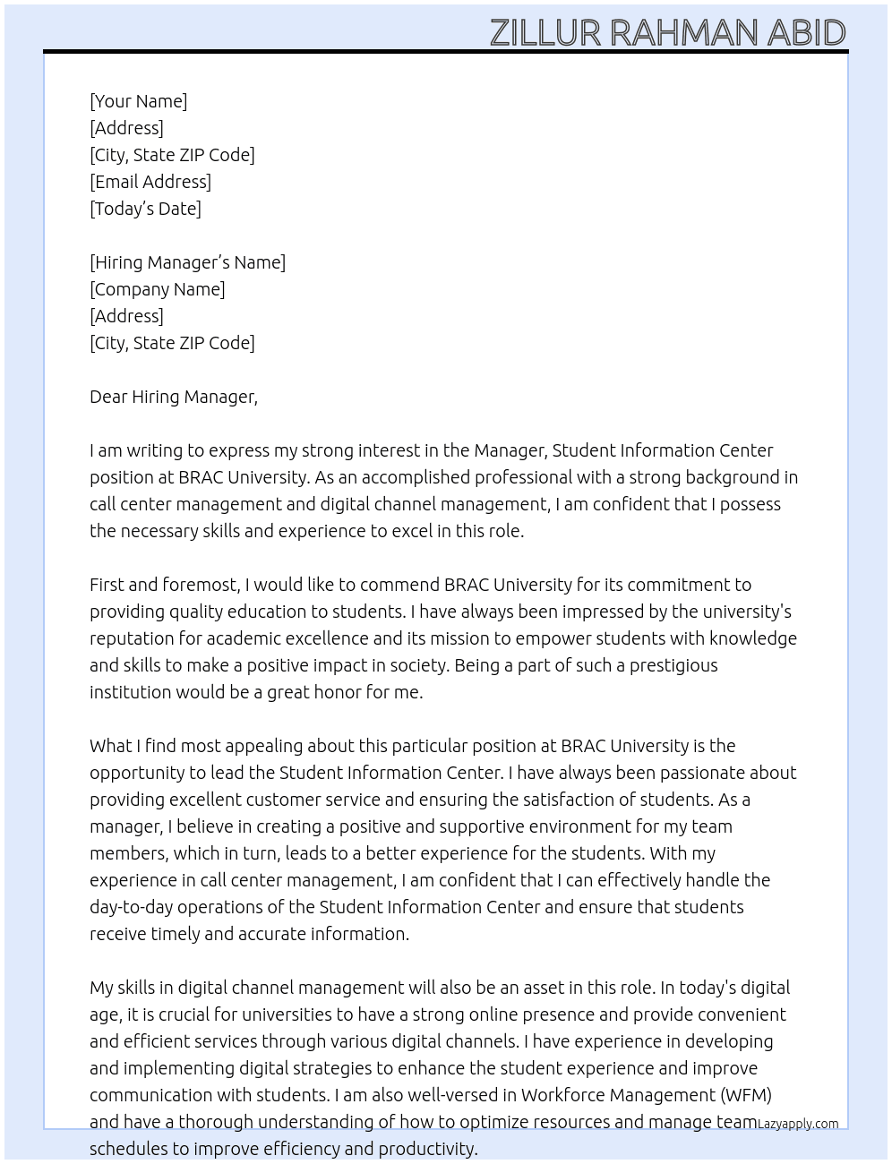 Manager, Student Information Center  At BRAC University Cover Letter