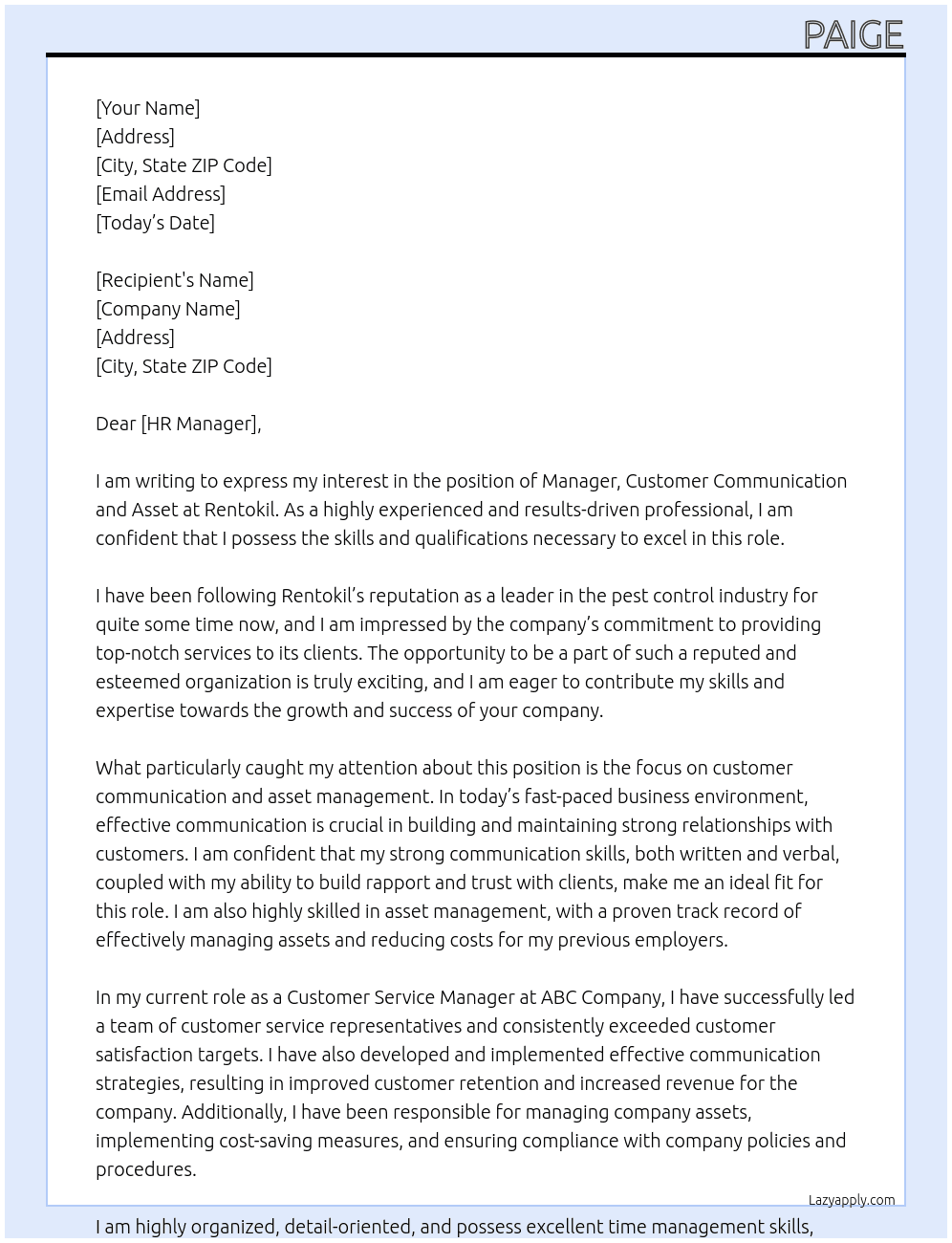 Manager, Customer Communication and Asset At Rentokil Cover Letter