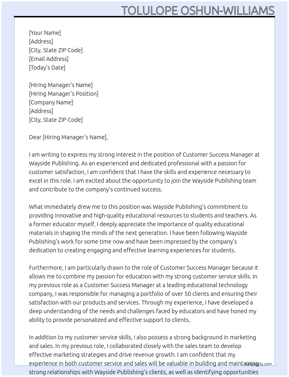 customer success manager  At wayside publishing  Cover Letter