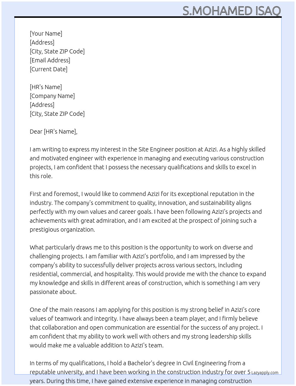 Site engineer At Azizi Cover Letter