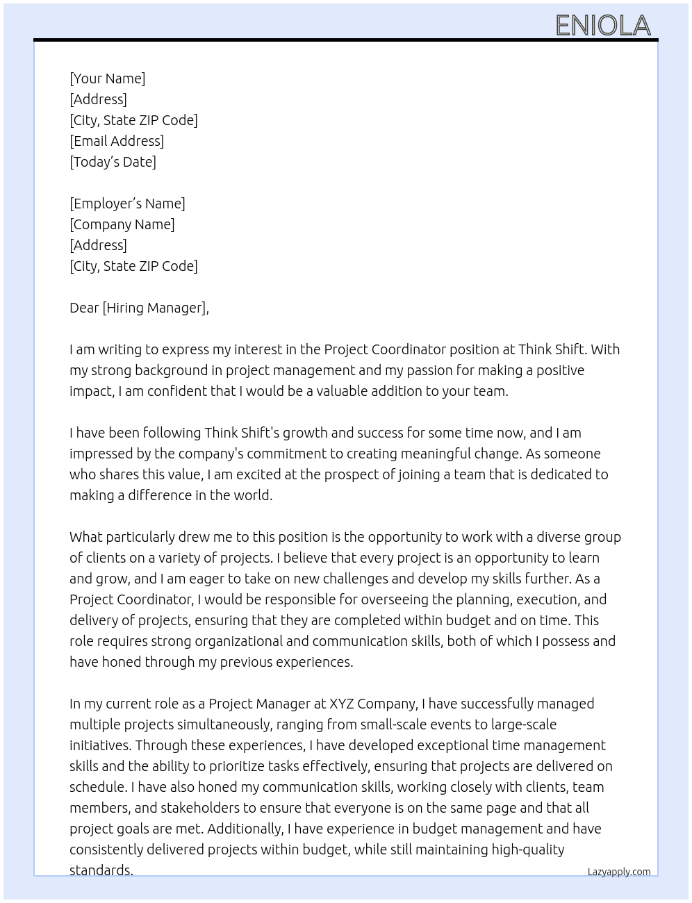 project coordinator At think shift Cover Letter