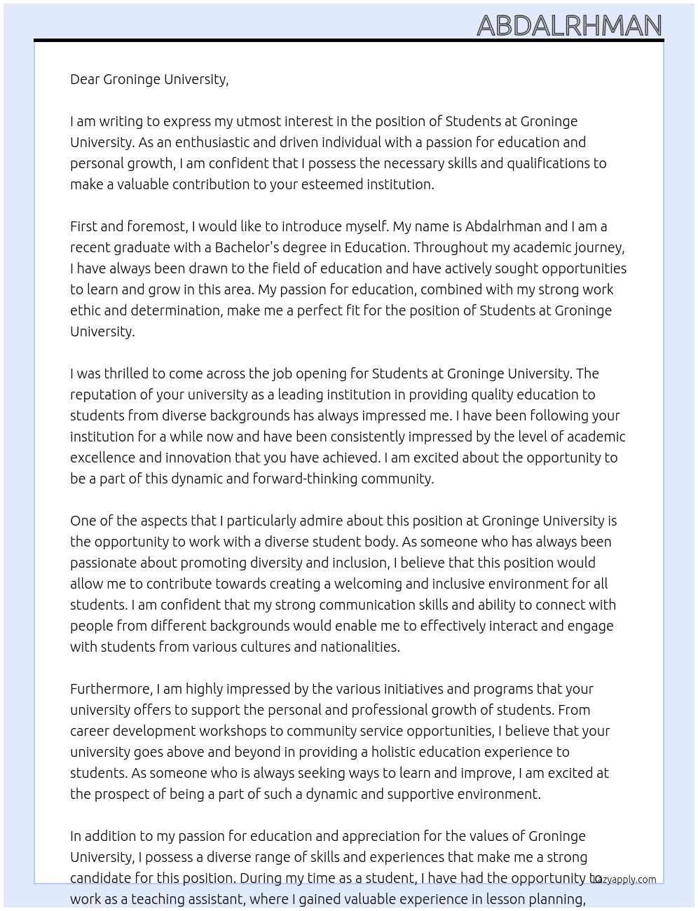 Students  At Groninge Cover Letter