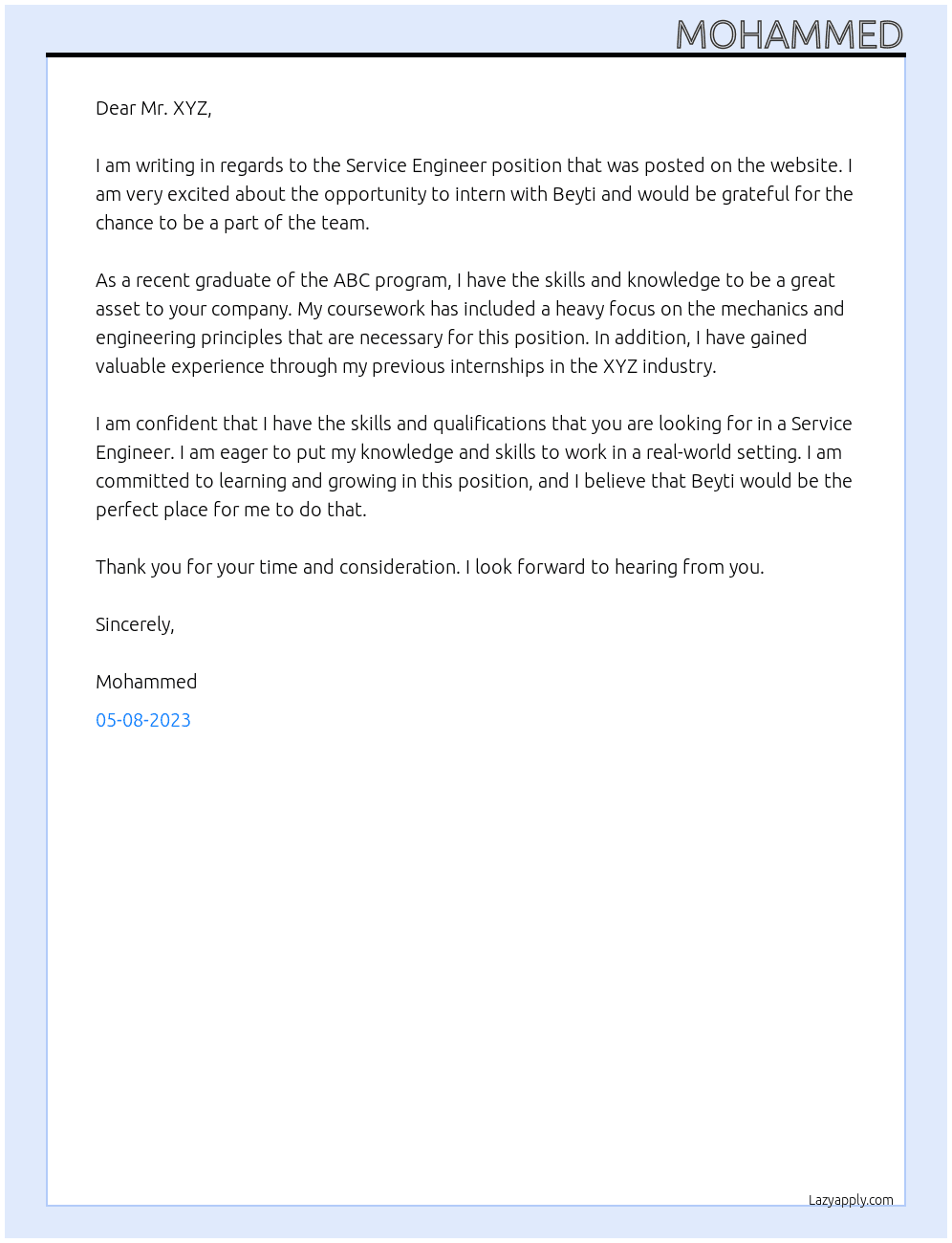 service engineer At Beyti Cover Letter