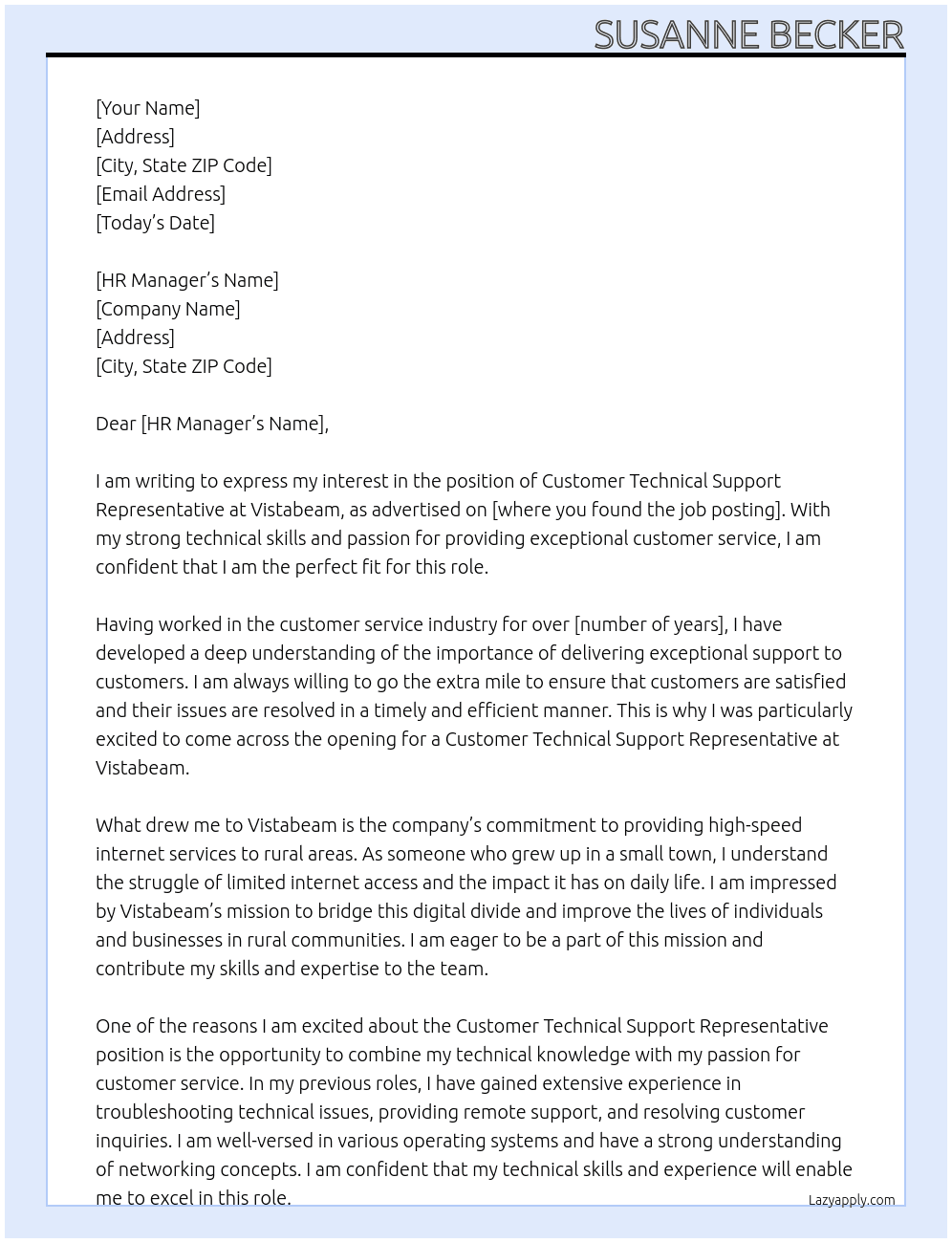 Customer technical support representative  At Vistabeam  Cover Letter