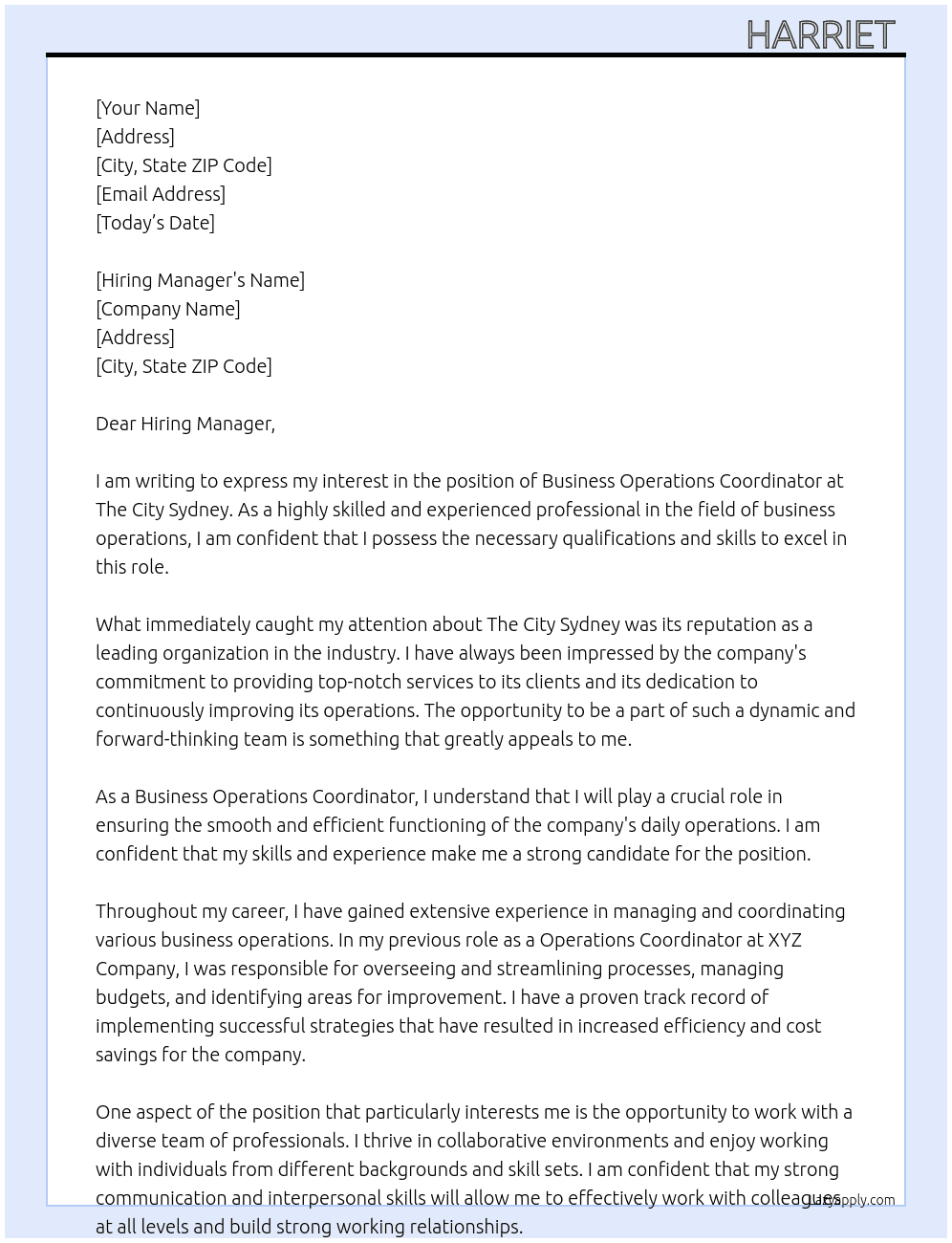 BUSINESS OPERATIONS COORDINATOR  At The City Sydney  Cover Letter