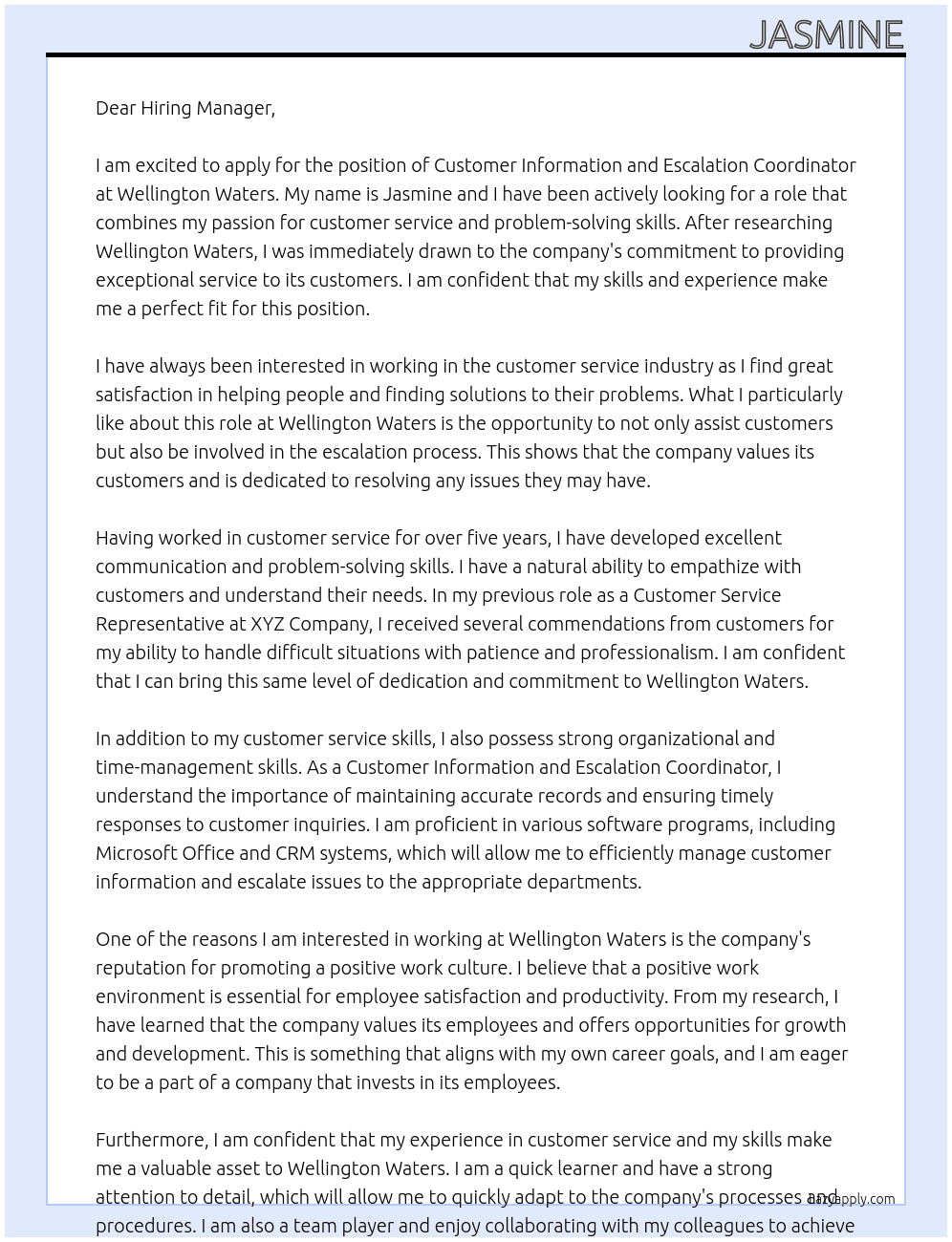 Customer Information and Escalation Coordinator  At Wellington Waters Cover Letter