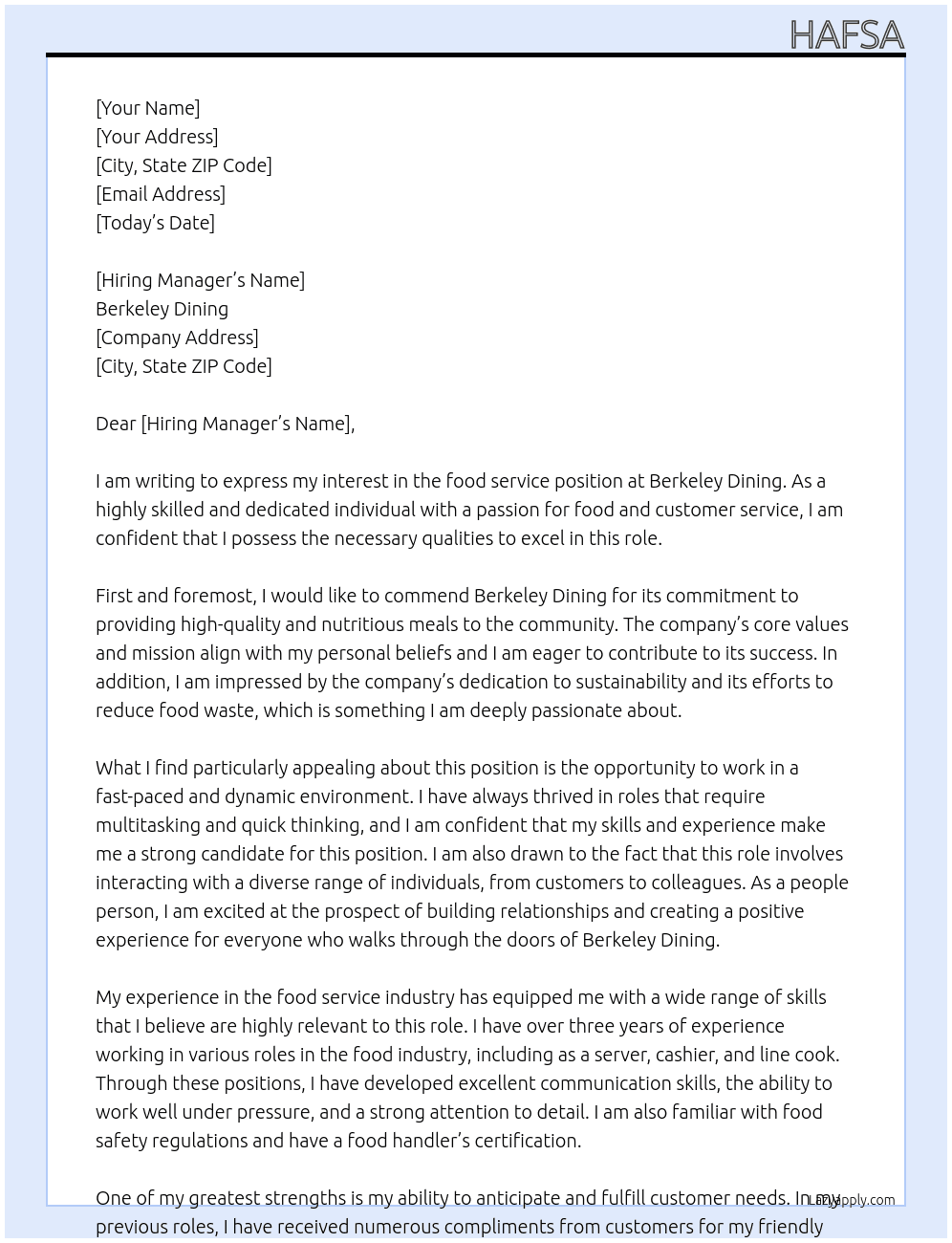 food service  At Berkeley Dining Cover Letter