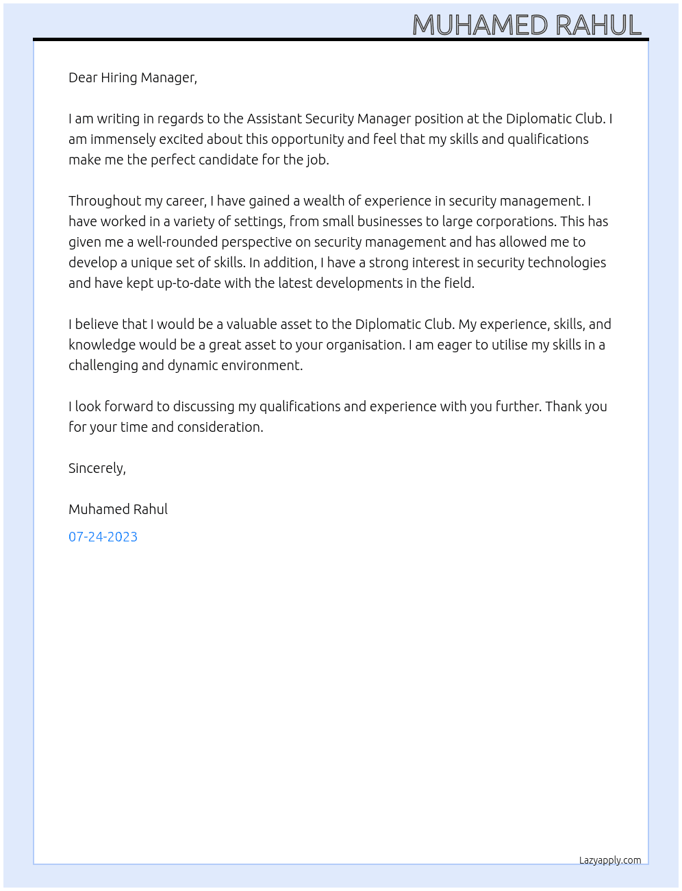 Assistant security manager  At Diplomatic club Cover Letter