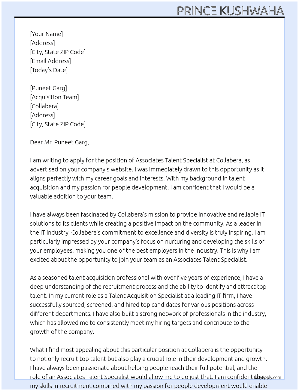 Associates Talent specialist At COLLABERA Cover Letter