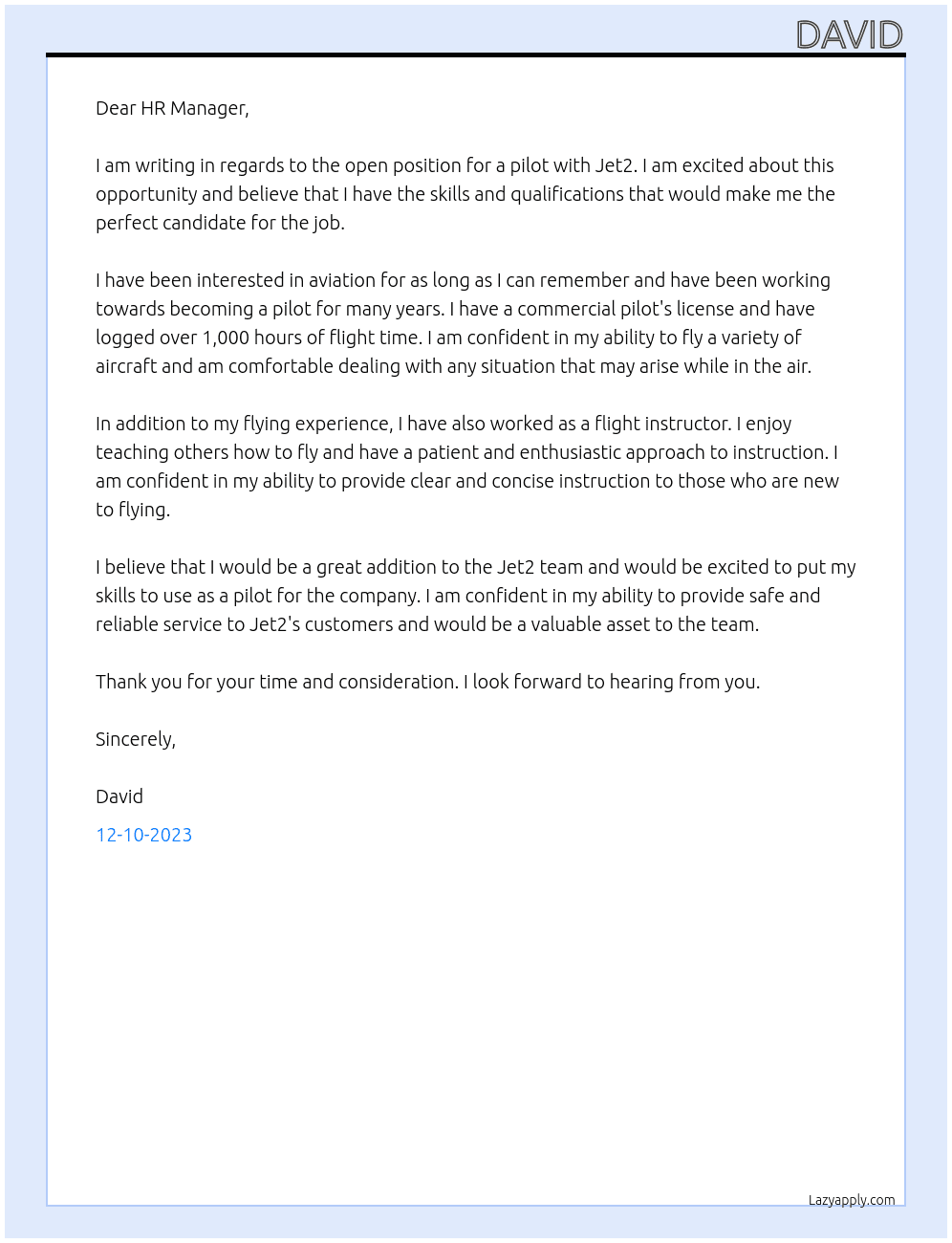 Pilot At Jet2 Cover Letter