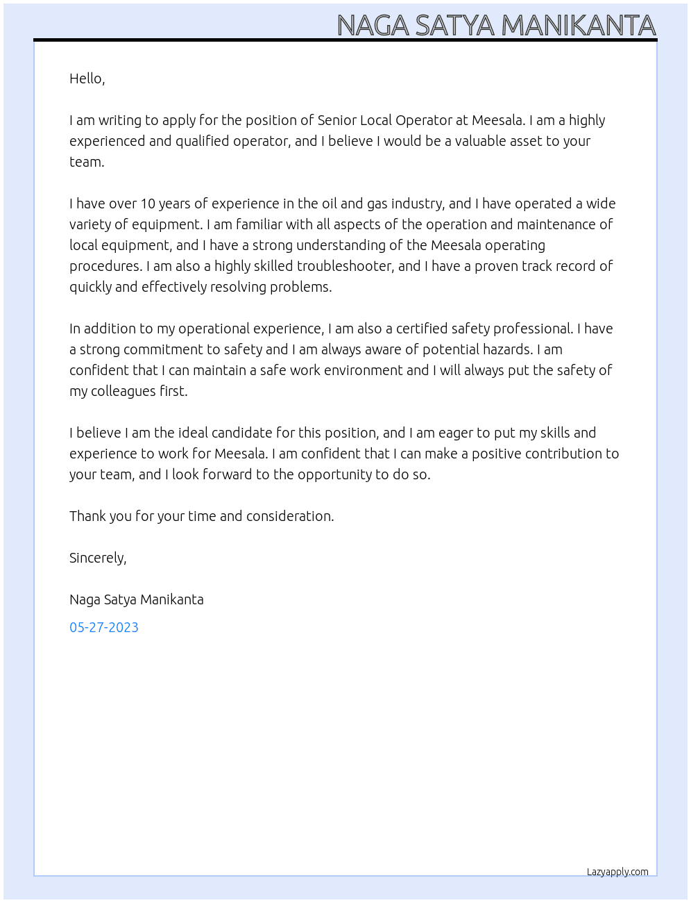 Senior Local Operator At Meesala Cover Letter