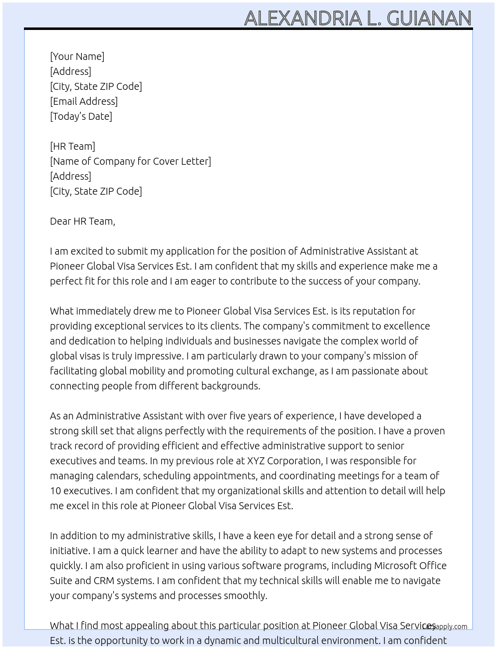 Administrative Assistant At Pioneer Global Visa Services Est. Cover Letter