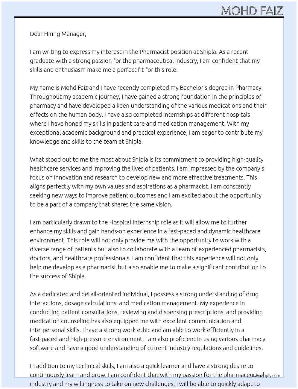 Pharmacist  At Shipla Cover Letter