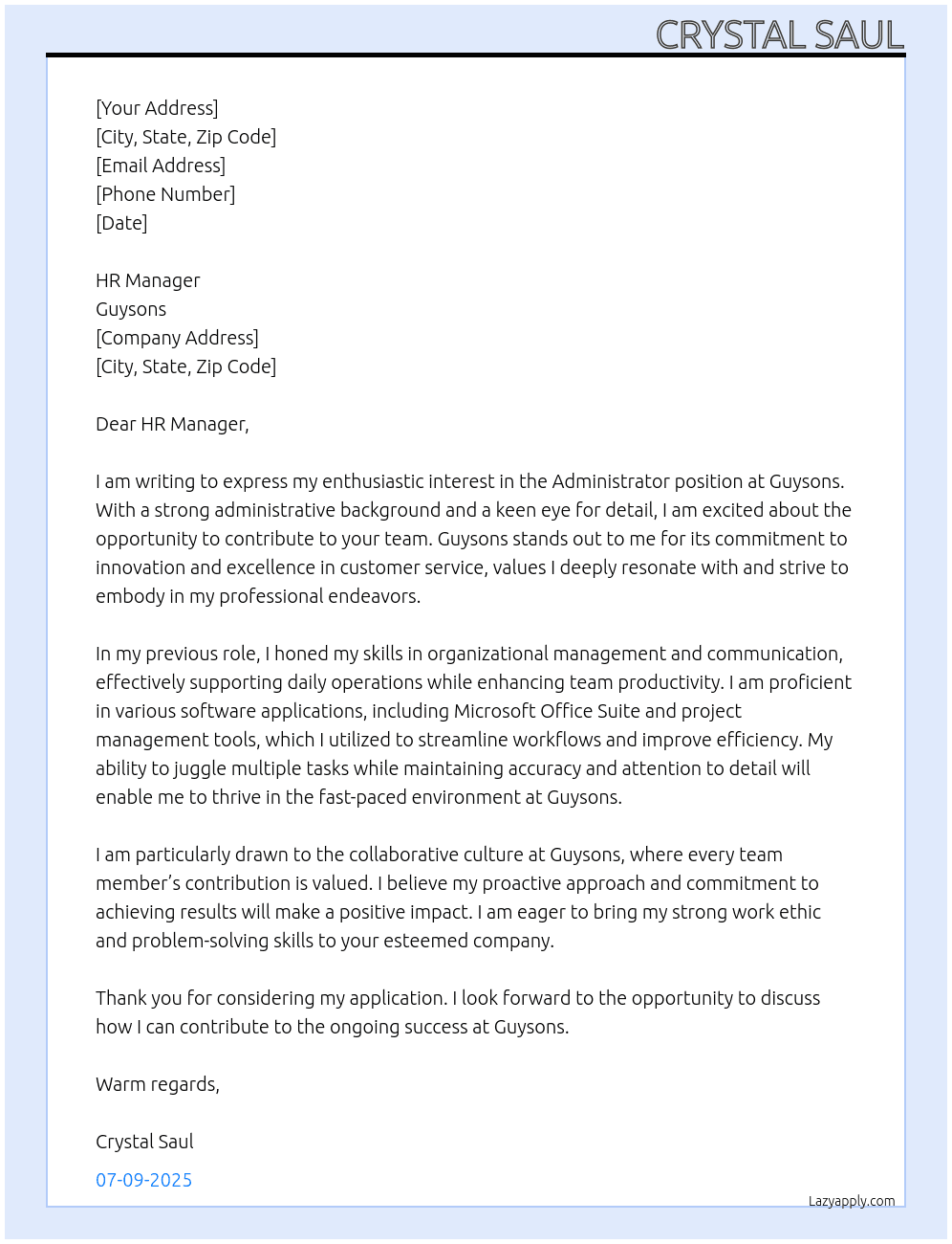 Administrator  At Guysons Cover Letter